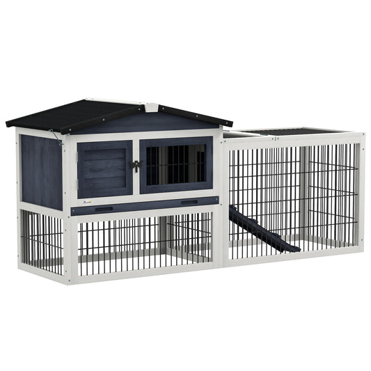 PawHut Rabbit Hutch Outdoor, 59" Wooden Bunny Cage with Openable Top, Run, Asphalt Roof, No-Leak Tray, Ramp, for Rabbits, Guinea Pig, Dark Gray