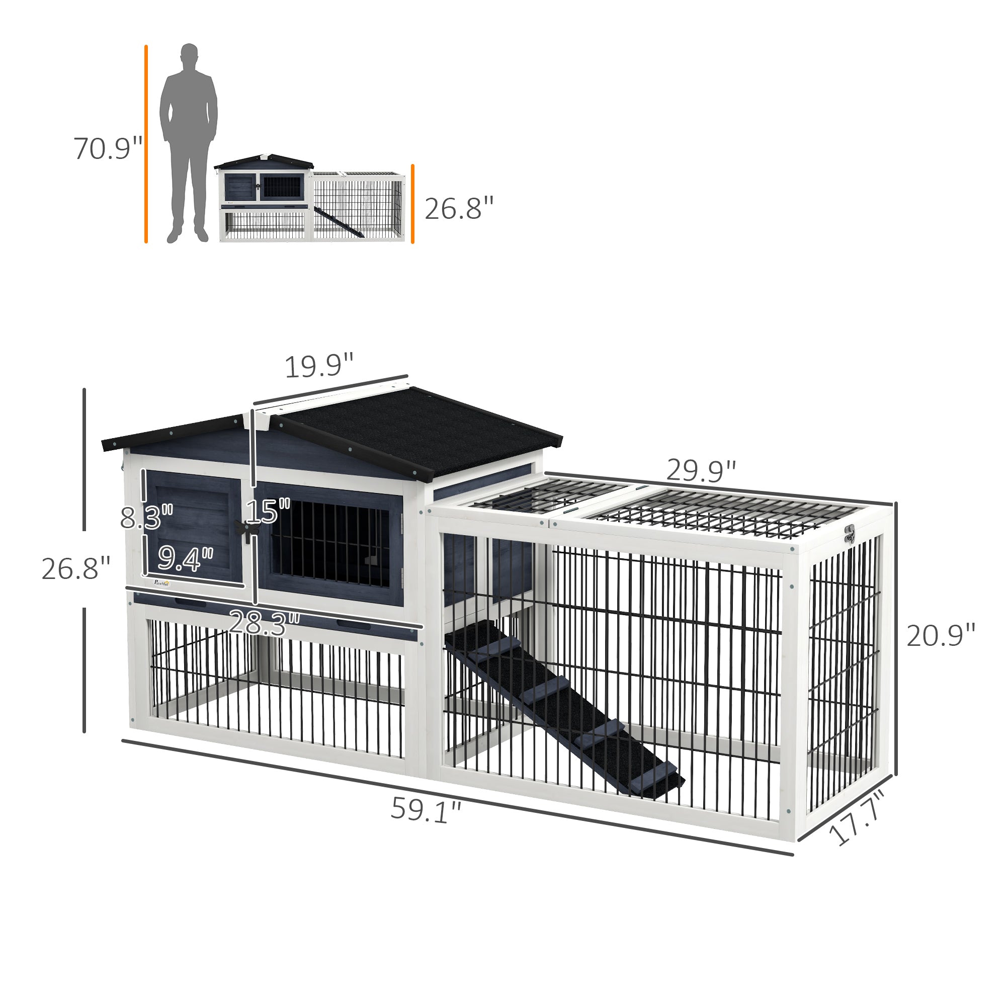 PawHut Rabbit Hutch Outdoor, 59" Wooden Bunny Cage with Openable Top, Run, Asphalt Roof, No-Leak Tray, Ramp, for Rabbits, Guinea Pig, Dark Gray