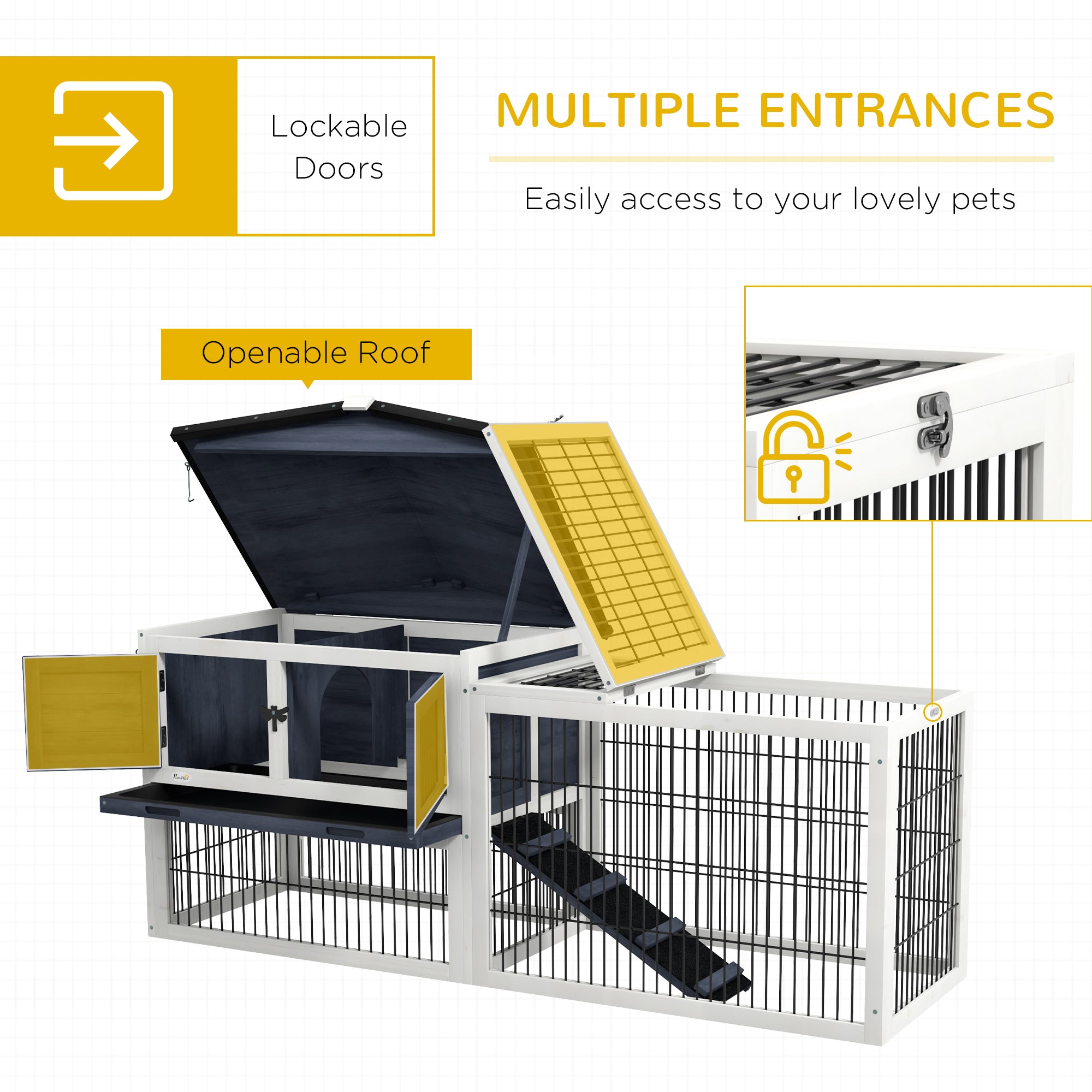 PawHut Rabbit Hutch Outdoor, 59" Wooden Bunny Cage with Openable Top, Run, Asphalt Roof, No-Leak Tray, Ramp, for Rabbits, Guinea Pig, Dark Gray