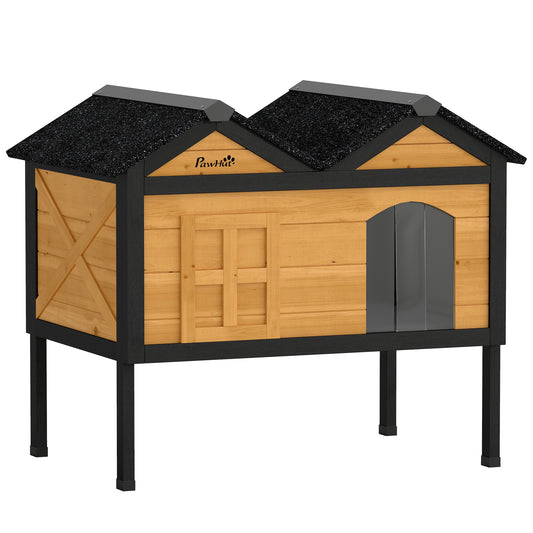 Outdoor Cat House Wooden with Removable Liner, Raised Cat Shelter Outdoor Indoor, Weatherproof Asphalt Roof, Wide Side Cleaning Door, PVC Curtain, 1 Cat up to 10 kg