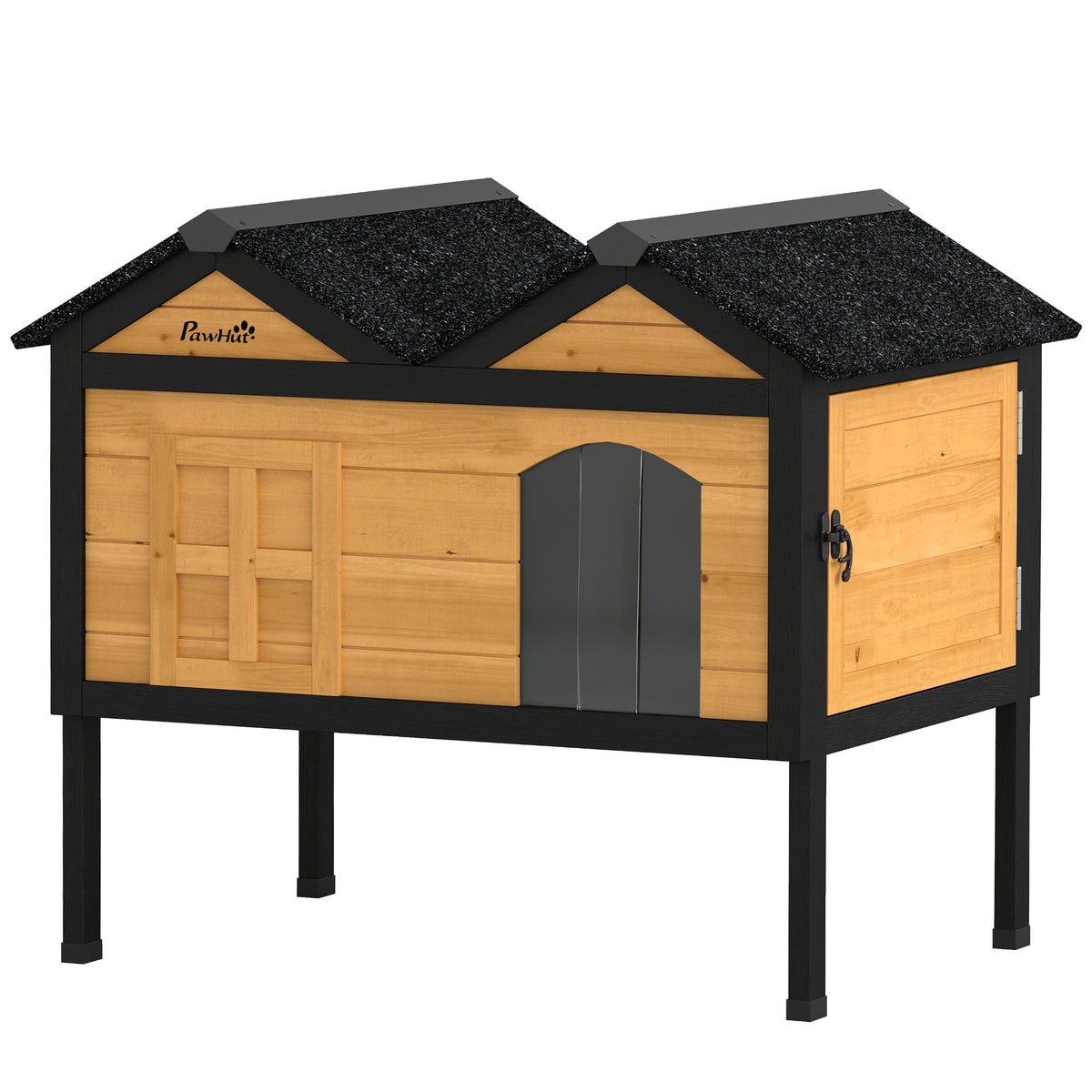 Outdoor Cat House Wooden with Removable Liner, Raised Cat Shelter Outdoor Indoor, Weatherproof Asphalt Roof, Wide Side Cleaning Door, PVC Curtain, 1 Cat up to 10 kg