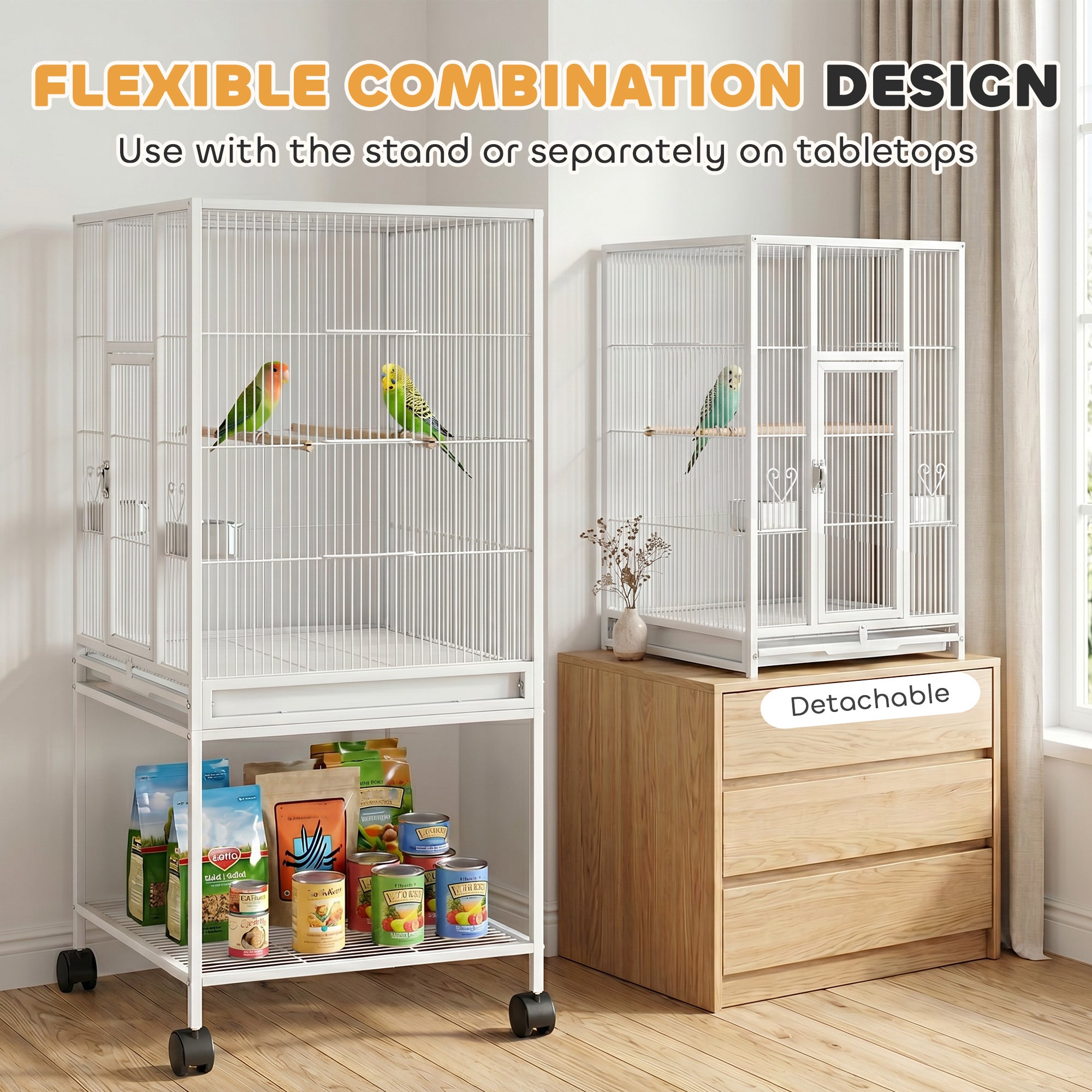 Detachable Bird Cage on Wheels, for Finches, Parakeets, Budgies, Budgie Cage, Parrot Aviary with Accessories, Storage Shelf - White