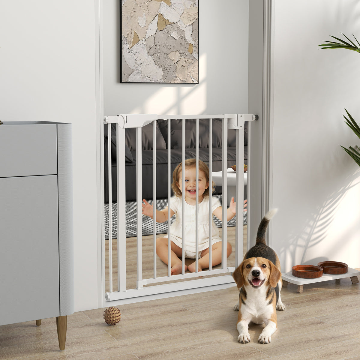 30"-32" Baby Gate, 30"H Pet Gate with Auto-Close, Two-Way Open, Pressure Mounted for Stair, Doorways and Hallways, White