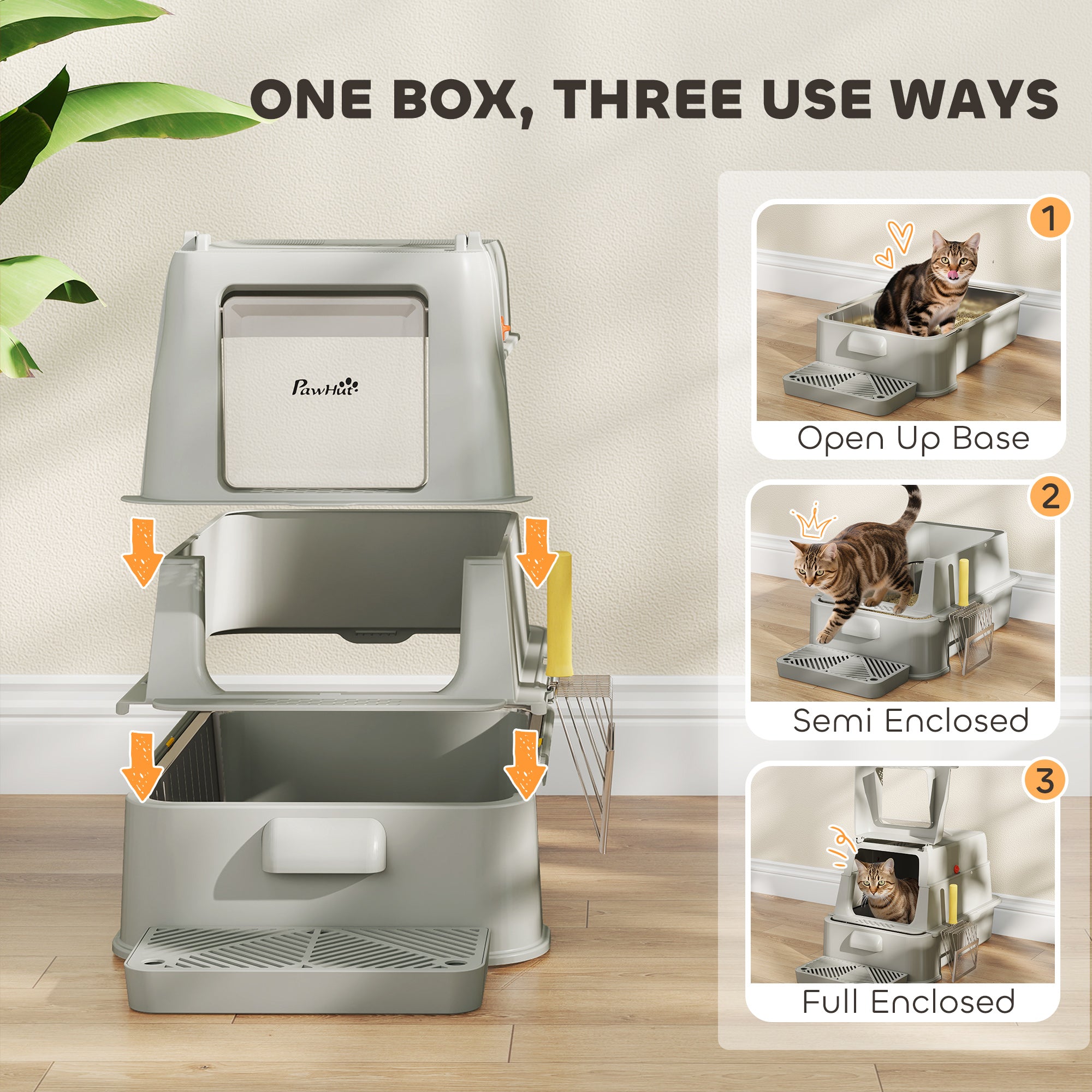 80L Stainless Steel Cat Litter Box with Lid, XL Metal Litter Box for Big Cats with 180° Flip Cover, Pull-Out Drawer Tray, High Sided, Pedal, Metal Scoop, Light Grey