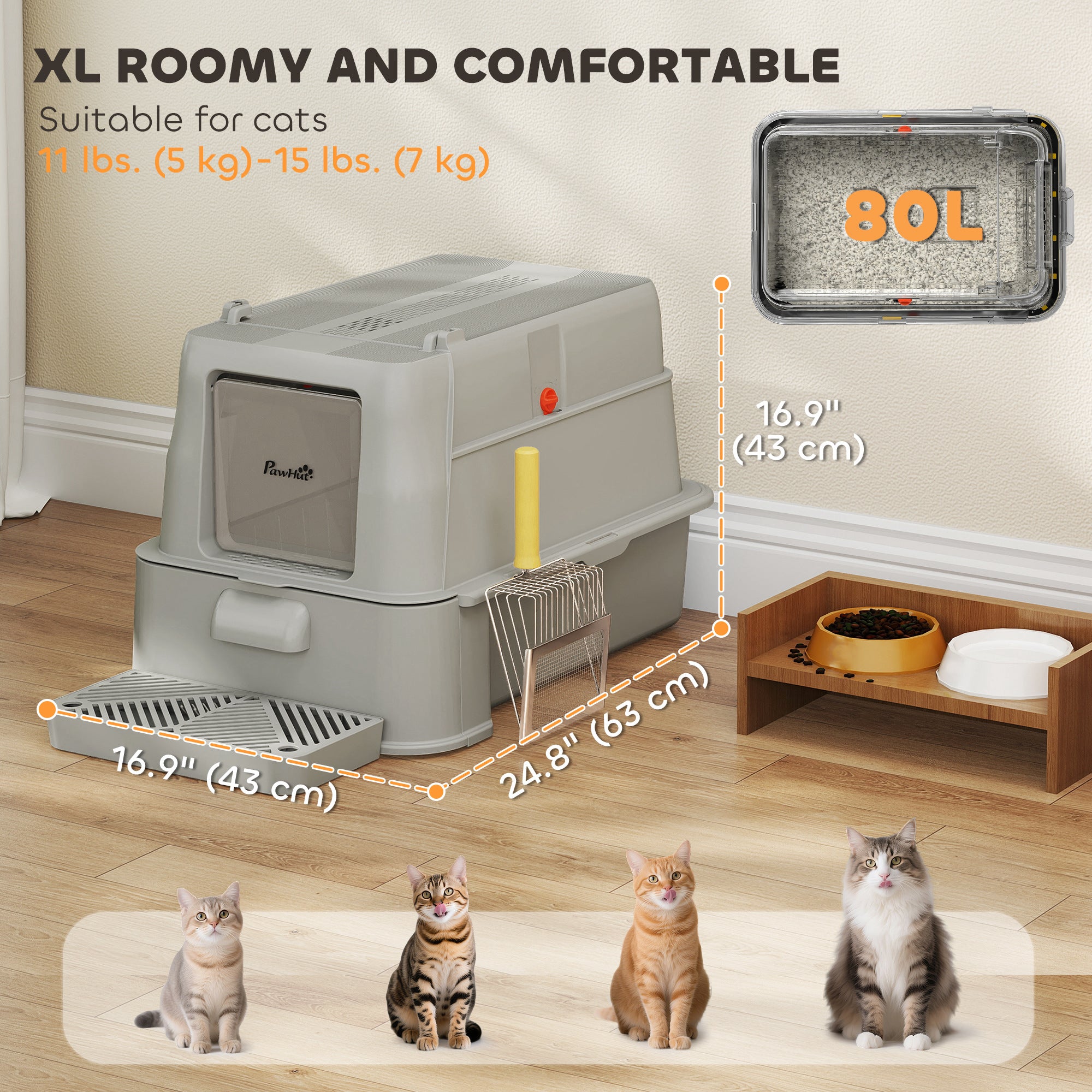 80L Stainless Steel Cat Litter Box with Lid, XL Metal Litter Box for Big Cats with 180° Flip Cover, Pull-Out Drawer Tray, High Sided, Pedal, Metal Scoop, Light Grey