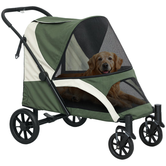 Pet Stroller for Small Medium Large Dogs and Cats, Foldable Dog Stroller with 4 Wheels, Shock-Absorbing Frame, Safety Leashes, Brakes, for Pets up to 66 lbs, Dark Green