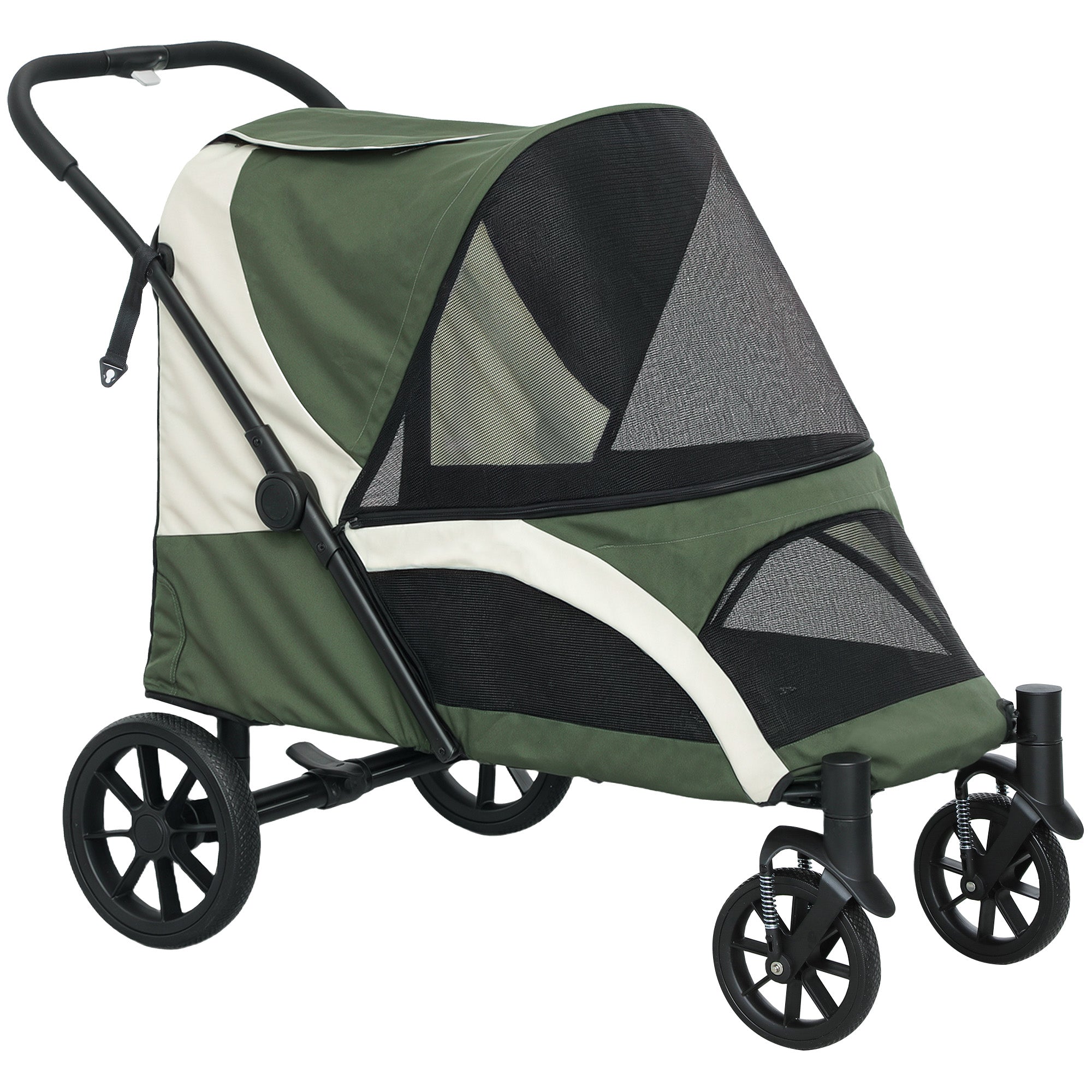 Pet Stroller for Small Medium Large Dogs and Cats, Foldable Dog Stroller with 4 Wheels, Shock-Absorbing Frame, Safety Leashes, Brakes, for Pets up to 66 lbs, Dark Green