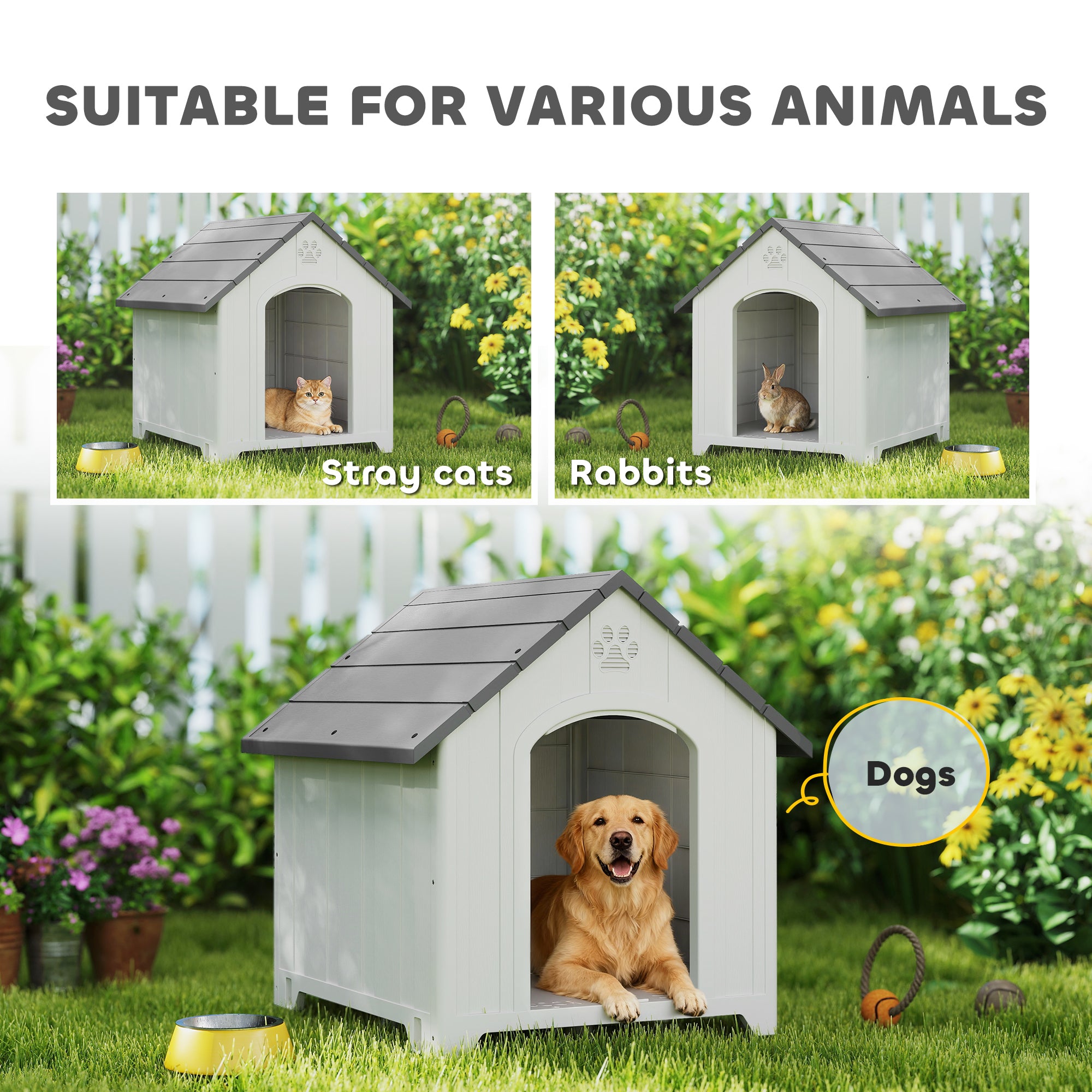 Large Plastic Dog House Outdoor Indoor, Water Resistant Puppy Shelter with Base Support, Air Vents, Elevated Floor, for Medium Large Pets, 34.6" L x 31.1" W x 35" H
