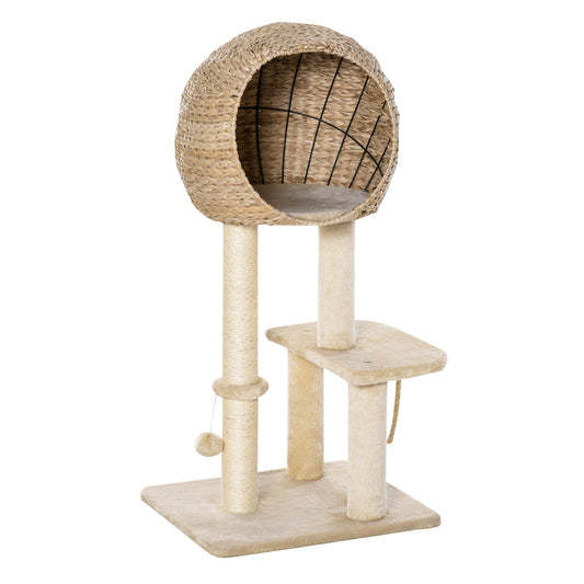 Cat Tree with Sisal Scratching Post Condo and Hanging Rope 39" H, Beige