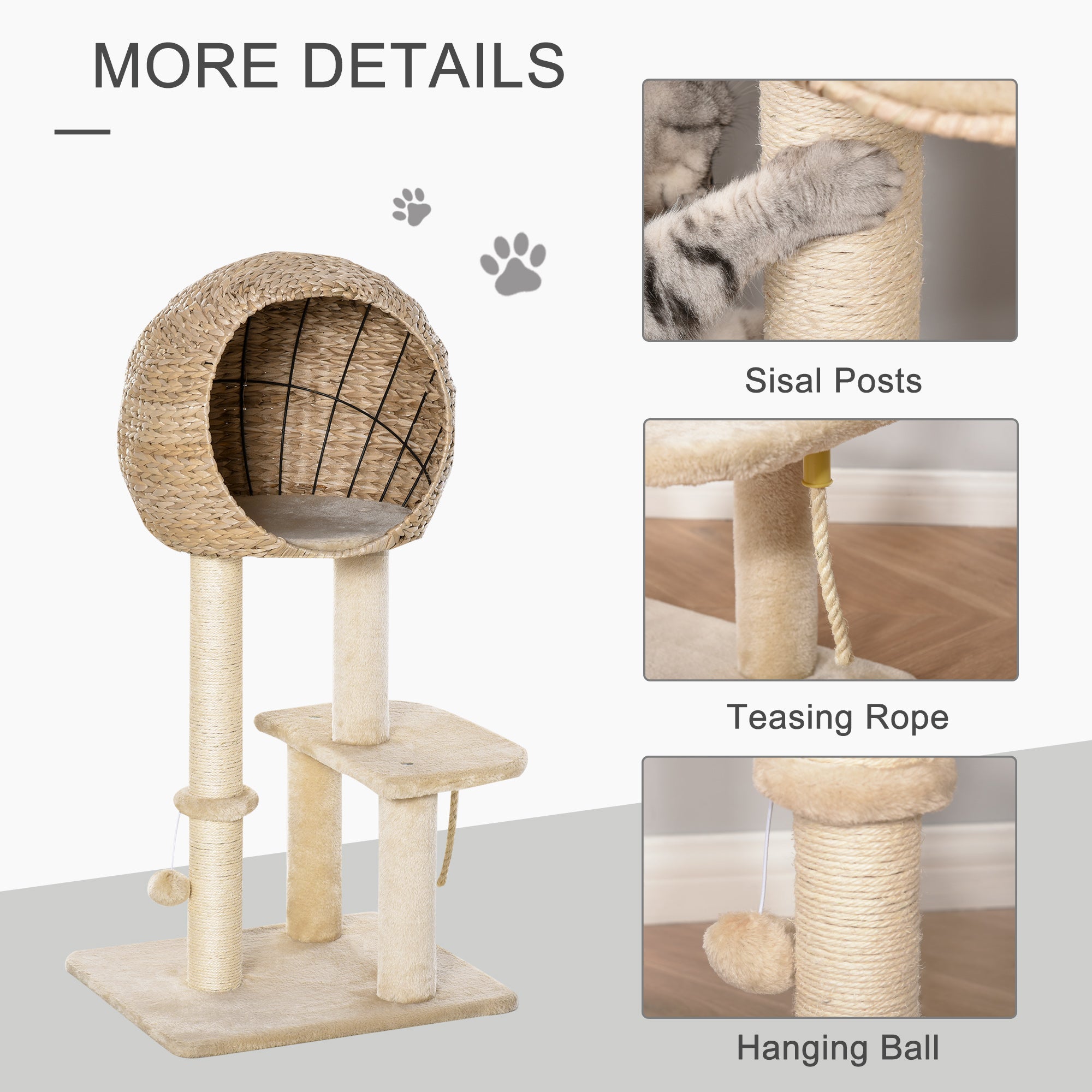 Cat Tree with Sisal Scratching Post Condo and Hanging Rope 39" H, Beige