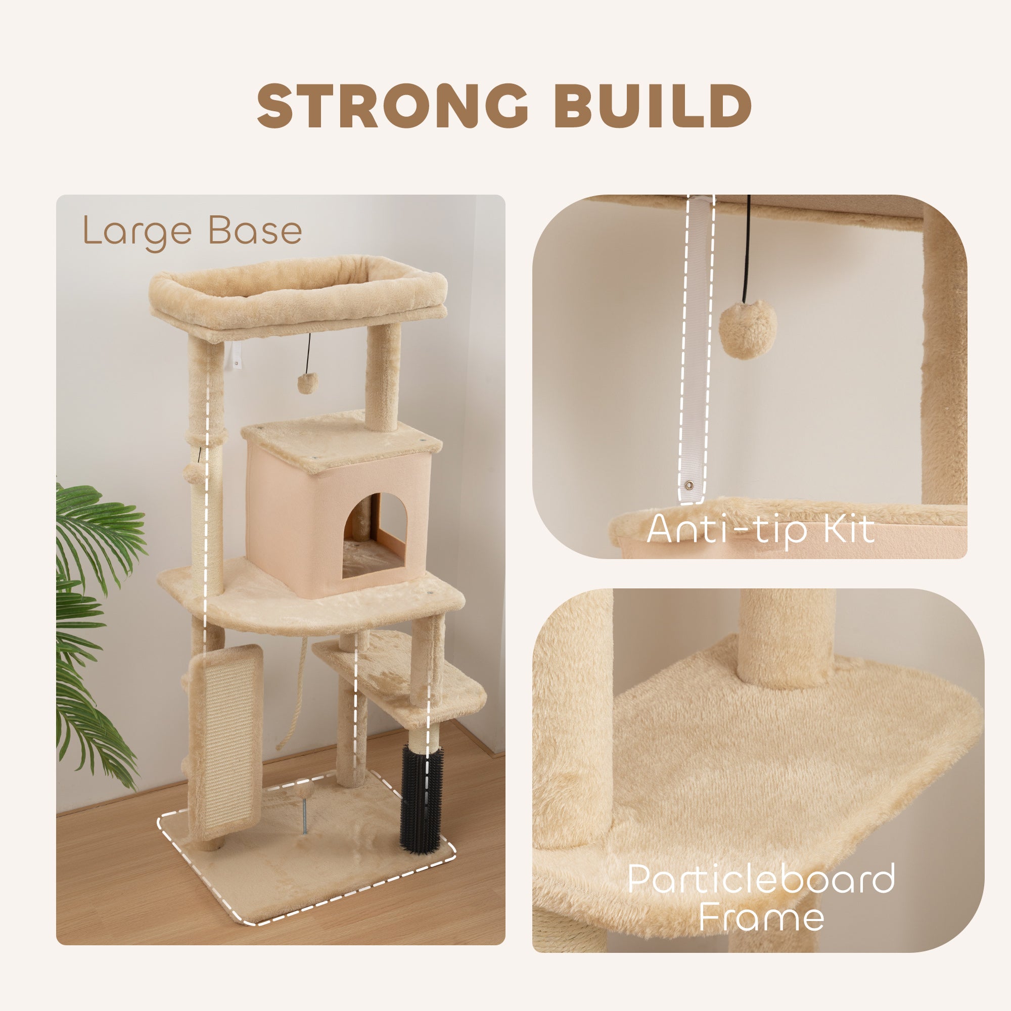 Cat Tree for Indoor Kittens, 132cm Cat Tower with Scratching Posts and Pad, Bed, House, Jumping Platform, Grooming Brush, Toy Balls, Anti-Tip Kit, Cat Climbing Frame, Beige