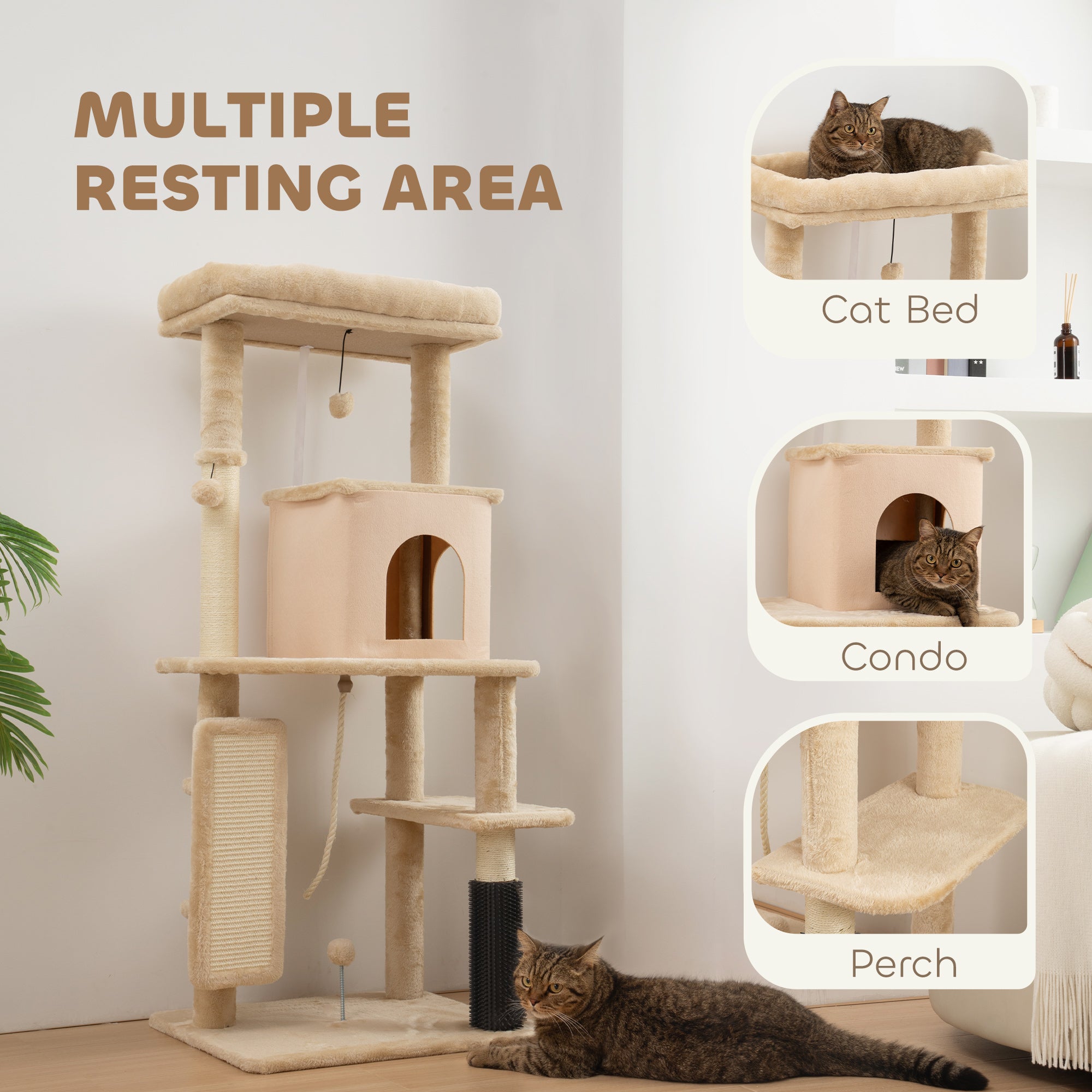 Cat Tree for Indoor Kittens, 132cm Cat Tower with Scratching Posts and Pad, Bed, House, Jumping Platform, Grooming Brush, Toy Balls, Anti-Tip Kit, Cat Climbing Frame, Beige