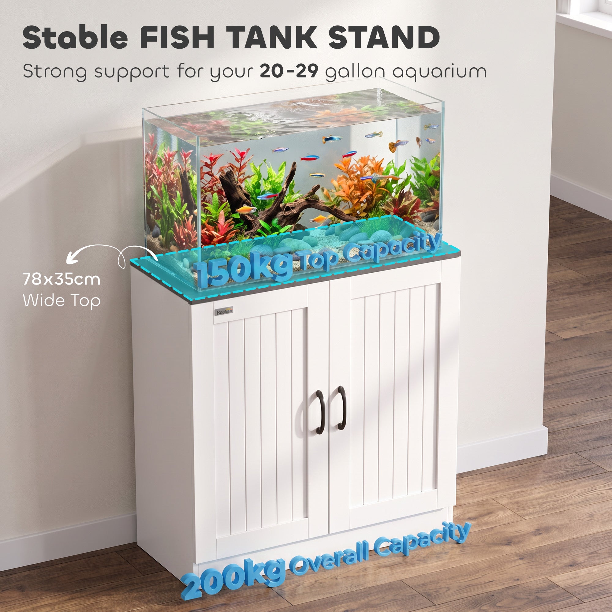 Fish Tank Stand, 20-29 Gallon Aquarium Stand with Power Outlets, Cabinet Storage and Anti-Tip Kit, Wooden Aquarium Cabinet for Home, Living Room, 78 x 35 x 80 cm, White