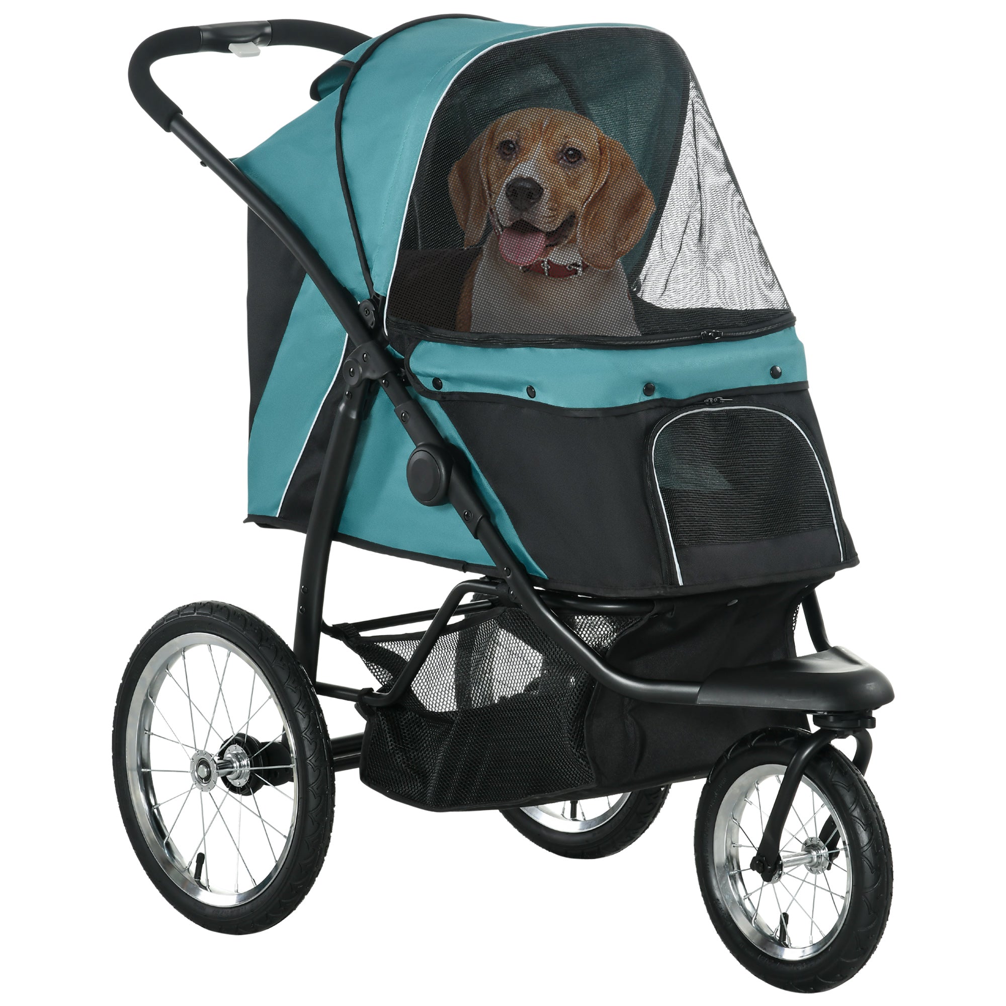 3 Wheels Pet Stroller, Foldable Dog Stroller with Adjustable Canopy, Safety Tether, Cushion, Storage Basket, Portable Jogger for Small and Medium Dogs and Cats, Dark Green