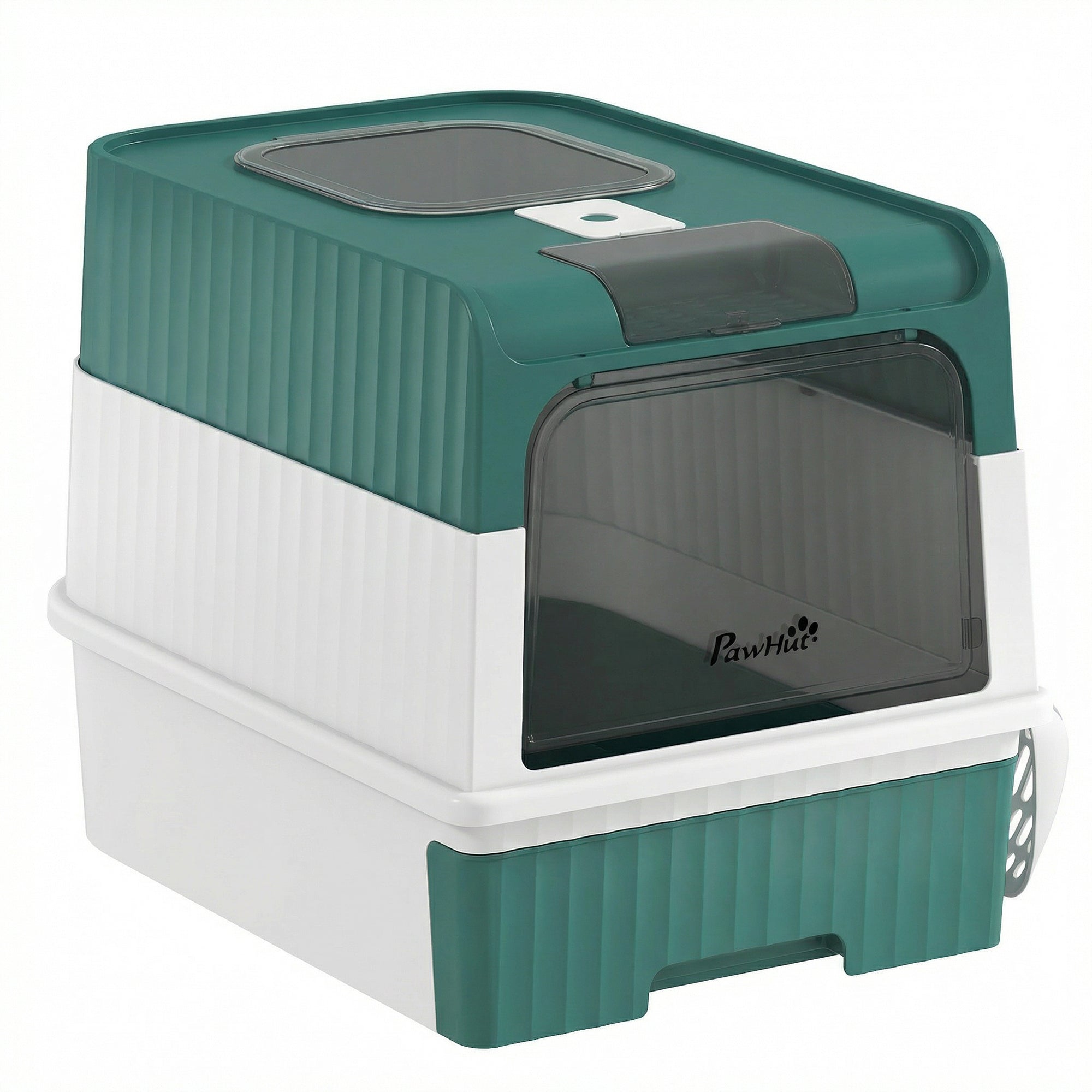 Cat Litter Box with Lid, Hooded Cat Litter Box with Pull-Out Drawer Tray, Scoop, Front Entry & Top Exit, 4 Deodorization Bags, Easy to Clean, Teal