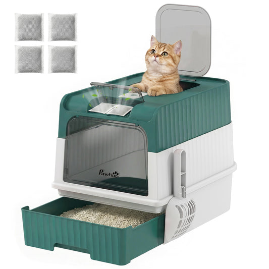 Cat Litter Box with Lid, Hooded Cat Litter Box with Pull-Out Drawer Tray, Scoop, Front Entry & Top Exit, 4 Deodorization Bags, Easy to Clean, Teal