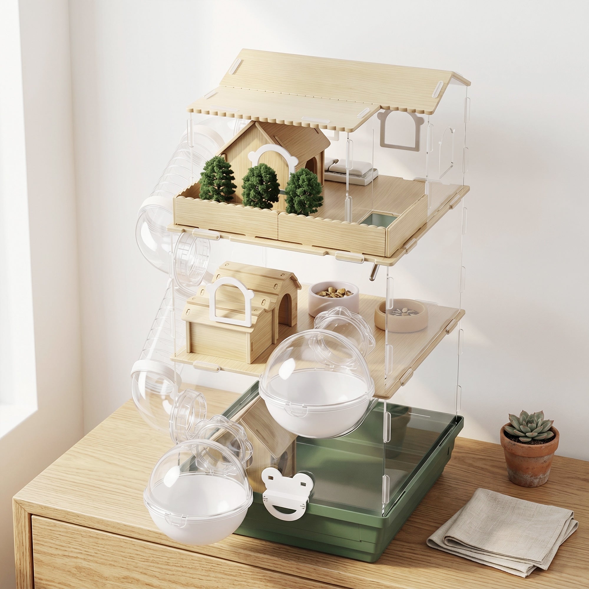Large Hamster Cage, 3 Tiers Acrylic Hamster Habitat with Water Bottles, Dishes, Running Wheel and External Bathrooms for Pet Mice, Dwarf Hamster, 13.4" L x 9.8" W x 20.5" H