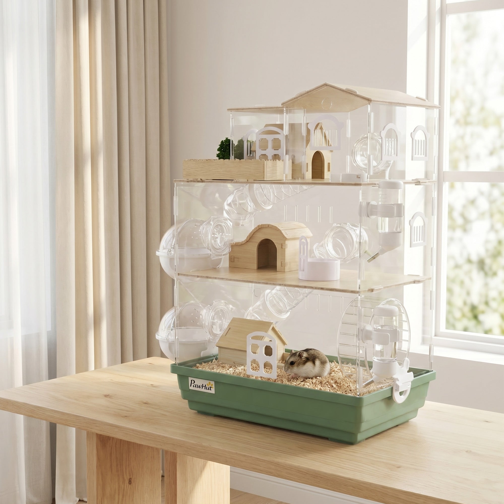15 in 1 Acrylic Hamster Cage, 3 Tiers Large Gerbil Cage with 3 Huts, 2 Water Bottles, 2 Dishes, Running Wheel and External Bathrooms for Pet Mice, Dwarf Hamster, 13.4" L x 9.8" W x 20.5" H