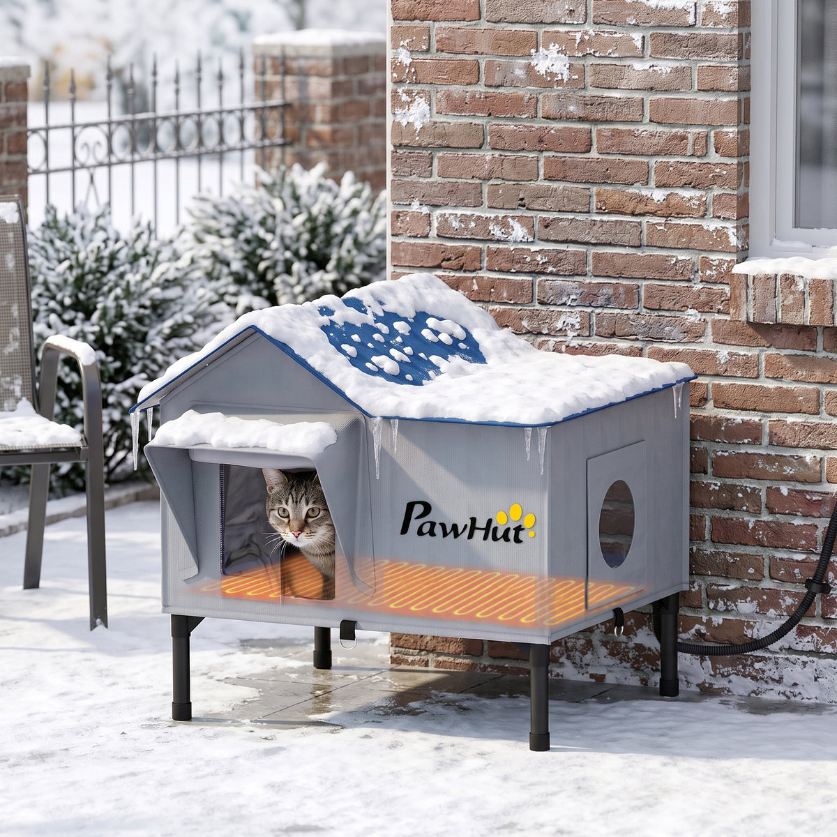 Heated Cat House Weatherproof with Heated Pad for Feral & Stray Cats, Outdoor Cat Shelter with Escape Door, 5 cm Elevated Base, Rainproof Roof
