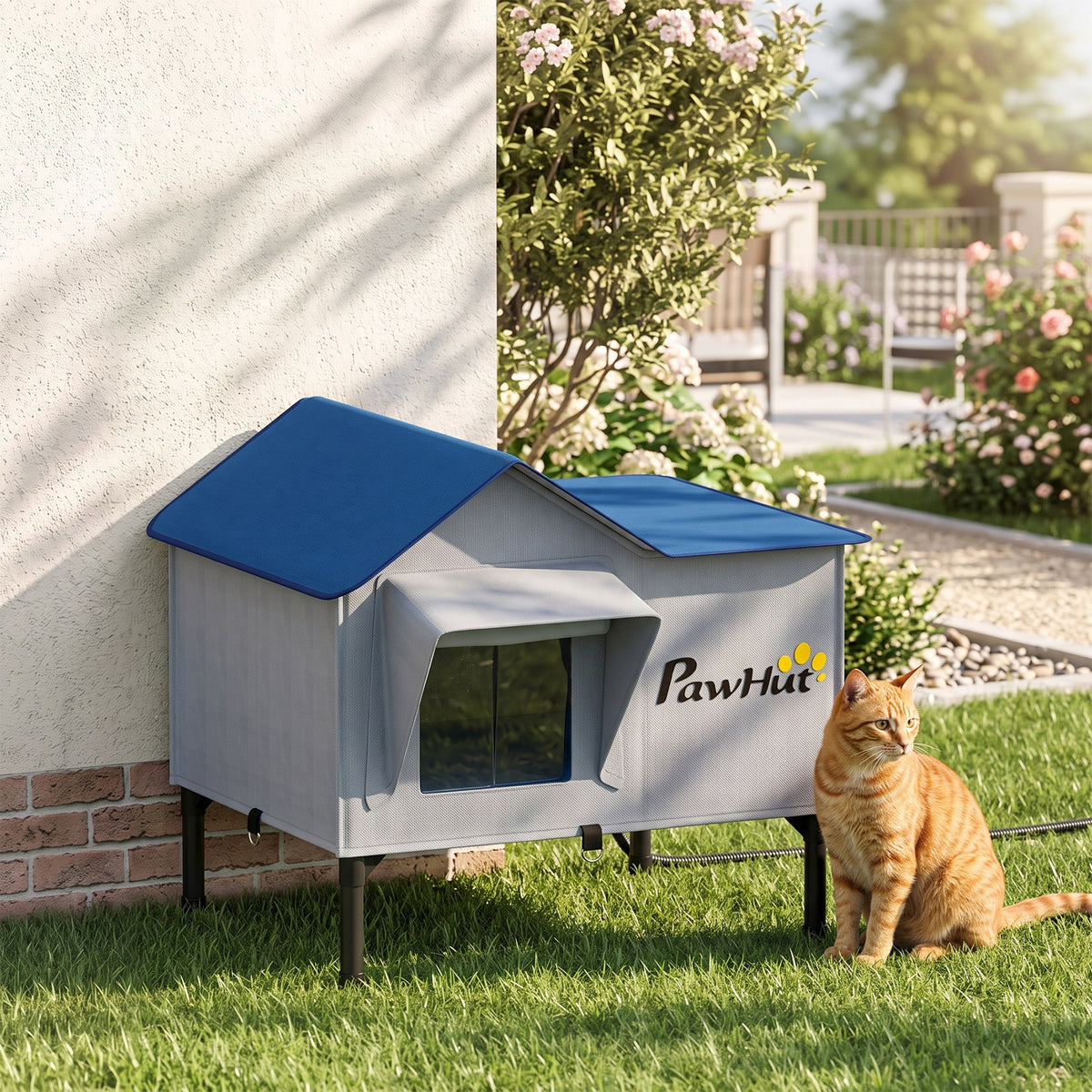 Heated Cat House Weatherproof with Heated Pad for Feral & Stray Cats, Outdoor Cat Shelter with Escape Door, 5 cm Elevated Base, Rainproof Roof