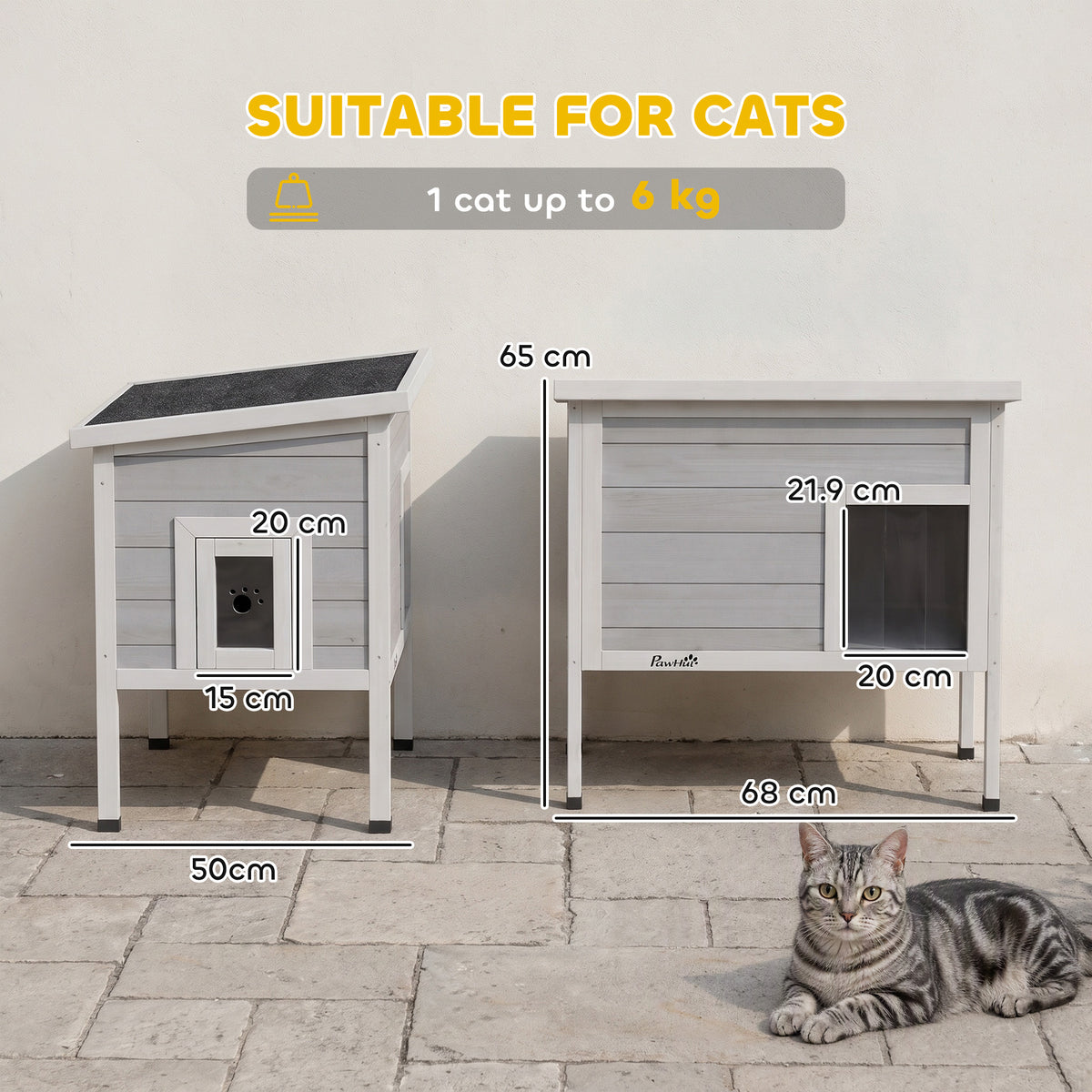 Outdoor Cat House Weatherproof with Removable Insulated Liner, Raised Wooden Cat House, Insulated Cat Shelter, Outdoor Use, Waterproof Asphalt Roof, Escape Door, Opening Top