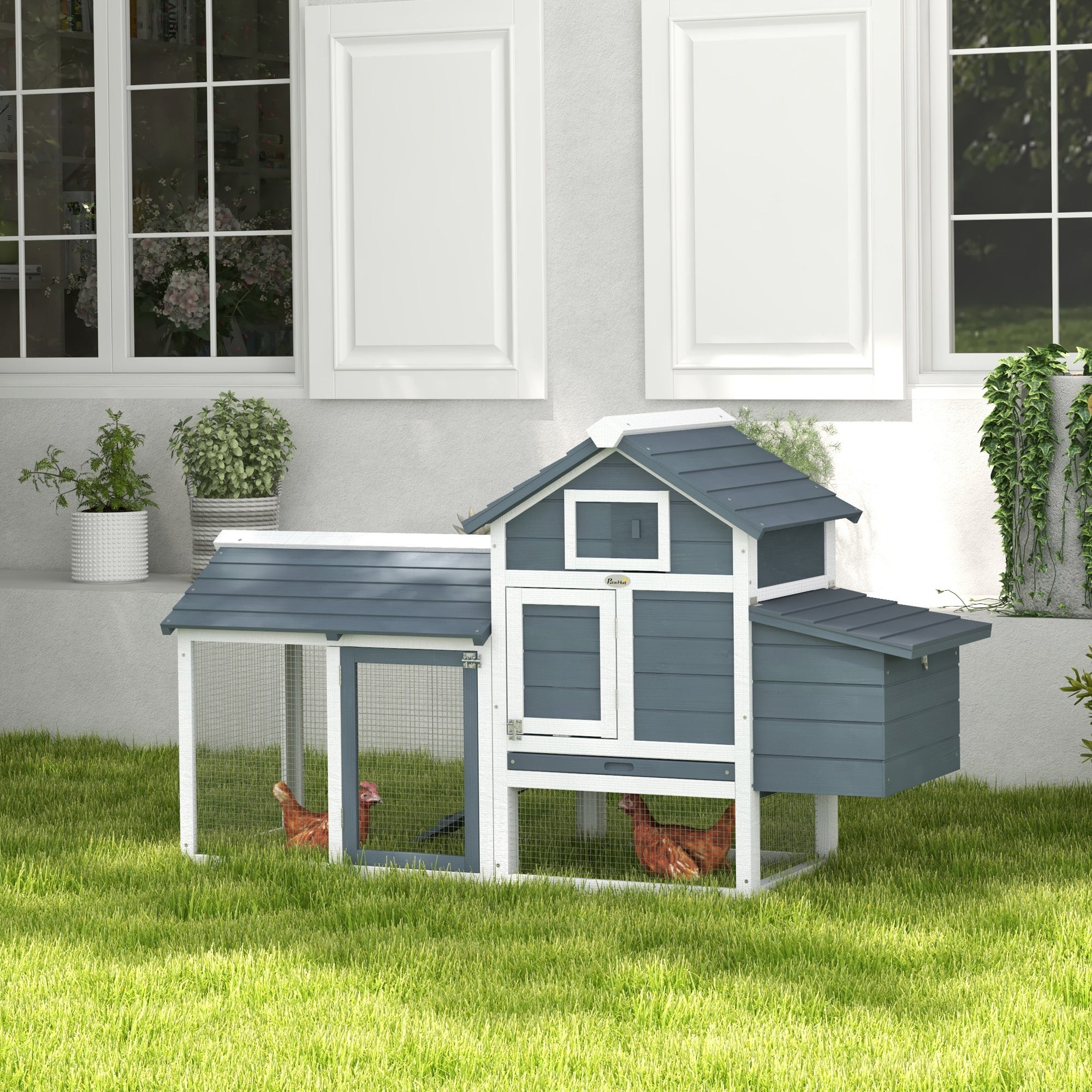 60" Large Chicken Coop Wooden Hen House Poultry Cage for Outdoor Backyard with 2 Doors, Nesting Box and Removable Tray, White