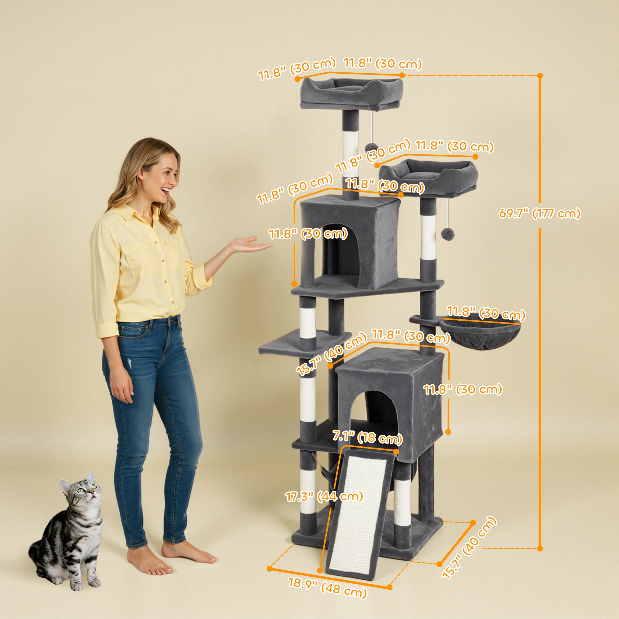 Cat Tree, 70" Multi-Level Cat Tower for Indoor with 2 Condos, 2 Plush Top Perches, Hammock, Platforms, Toy Balls, Sisal Scratching Posts and Board, Dark Grey