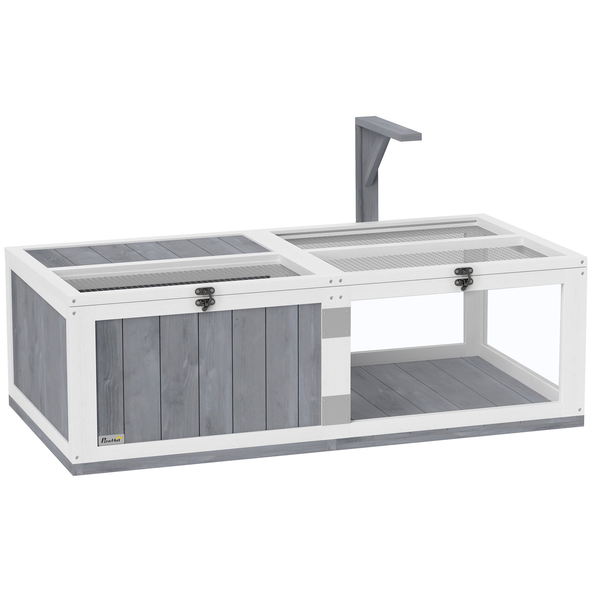 Tortoise House with Lamp Holder, Wooden Tortoise Enclosure with Clear Observation Windows, Openable Tops, Built-in Tray, Two-Room Tortoise Table for Indoor Use, Light Grey