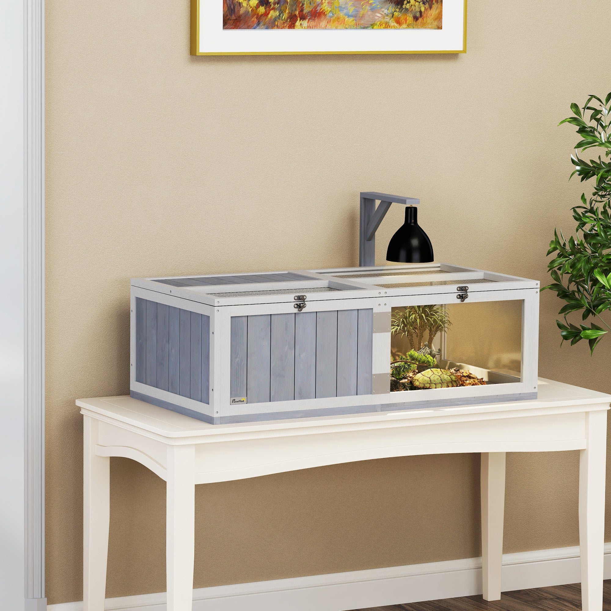 Tortoise House with Lamp Holder, Wooden Tortoise Enclosure with Clear Observation Windows, Openable Tops, Built-in Tray, Two-Room Tortoise Table for Indoor Use, Light Grey