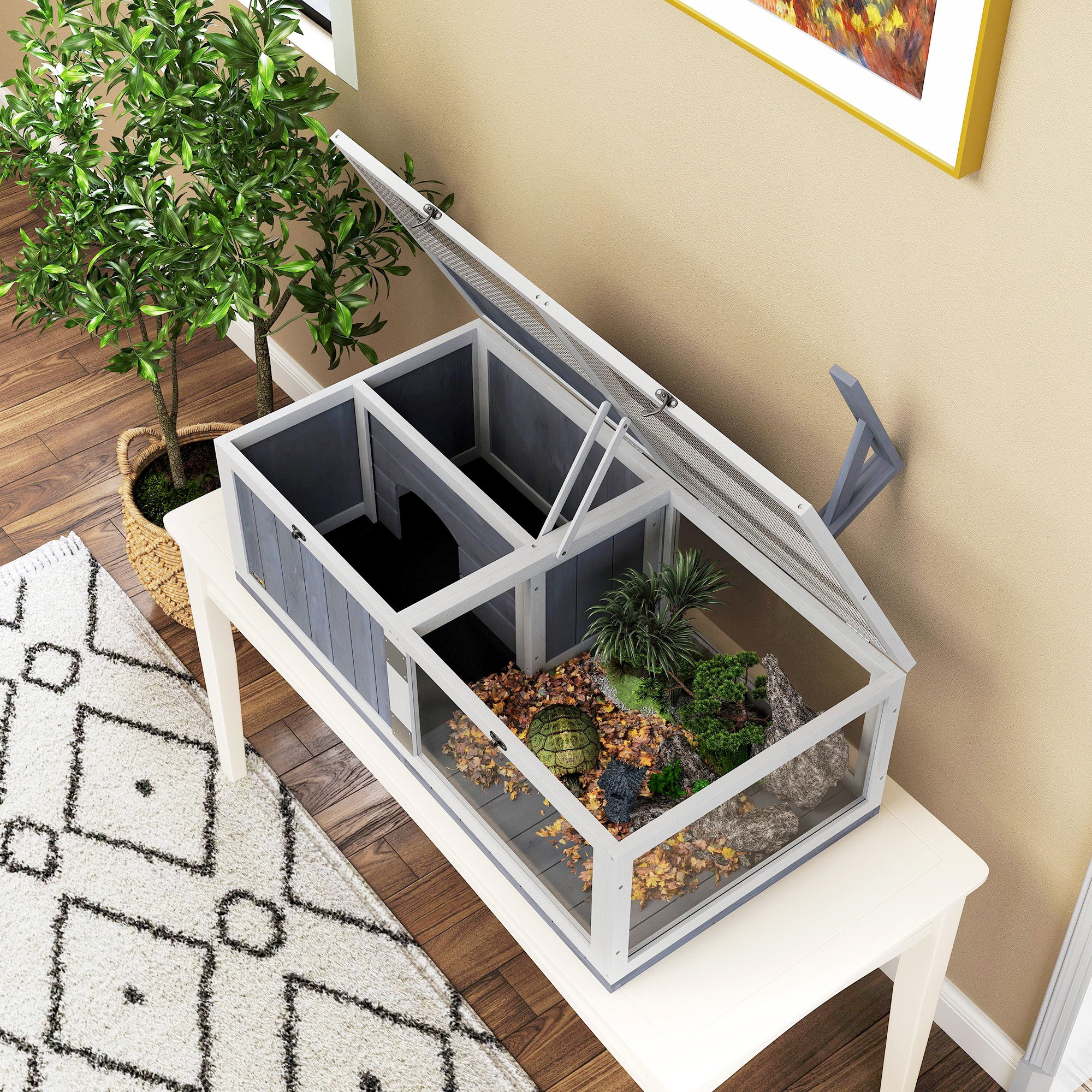 Tortoise House with Lamp Holder, Wooden Tortoise Enclosure with Clear Observation Windows, Openable Tops, Built-in Tray, Two-Room Tortoise Table for Indoor Use, Light Grey