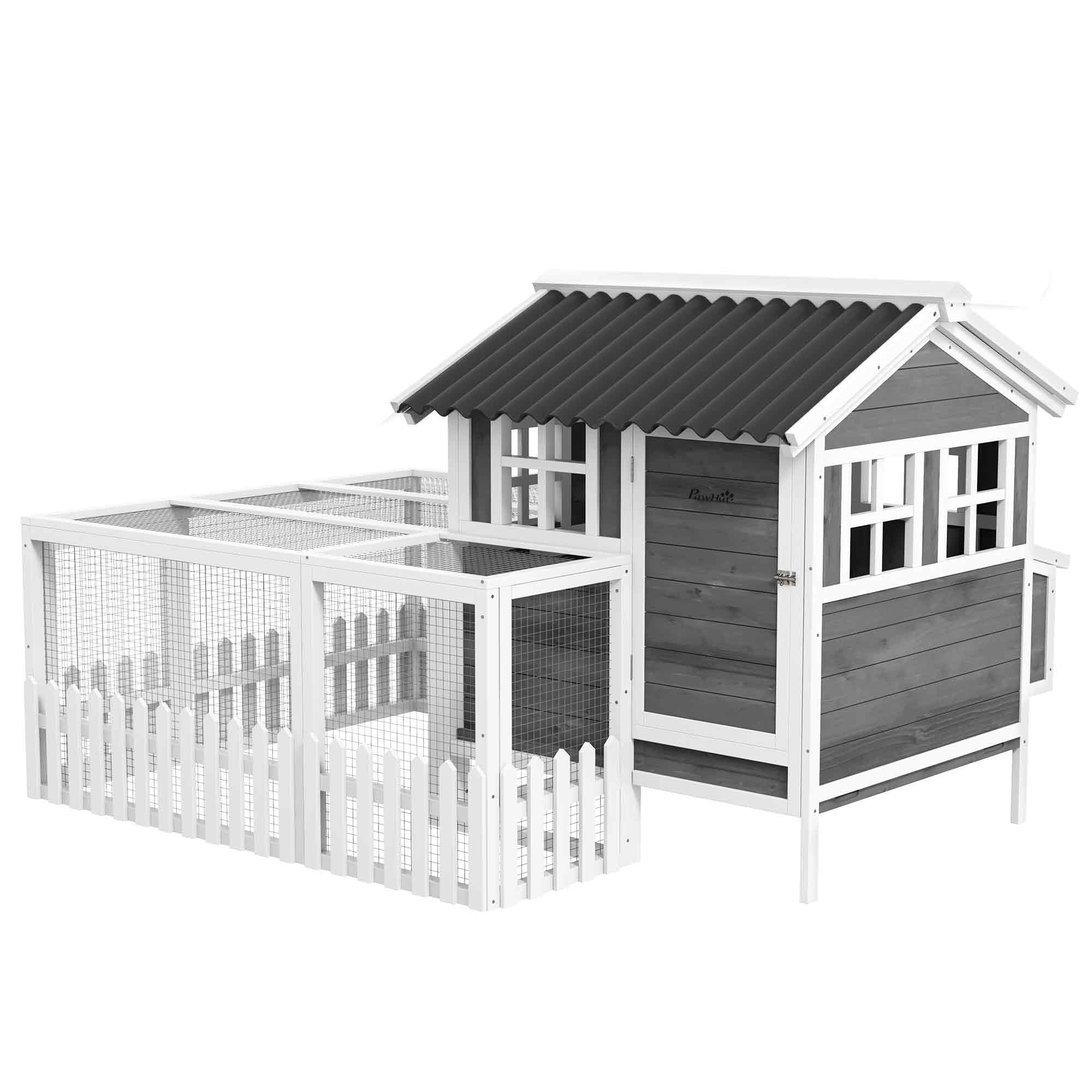Wooden Chicken Coop with Run for 1-2 Chickens, Hen House with Nesting Box, Removable Tray, Fence, Outdoor Poultry Cage, 68" x 59" x 42" , Gray