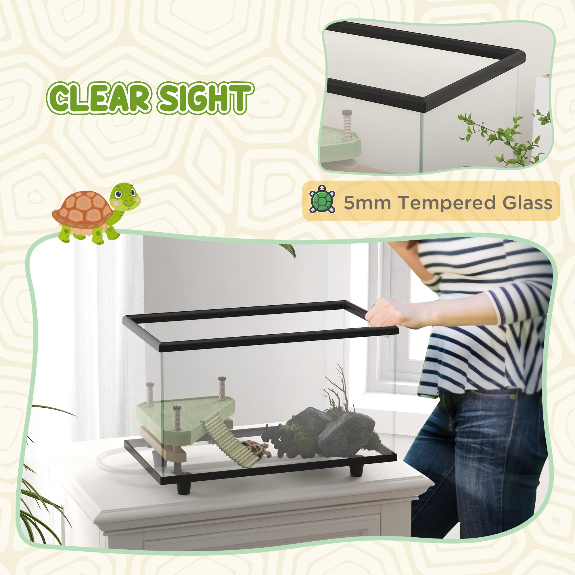 Turtle Tank, 28L Glass Turtle Aquarium with Basking Platform, Ramp, Easy Drainage, Strip Patch Thermometer, for Small Turtles, 45 x 25 x 29cm