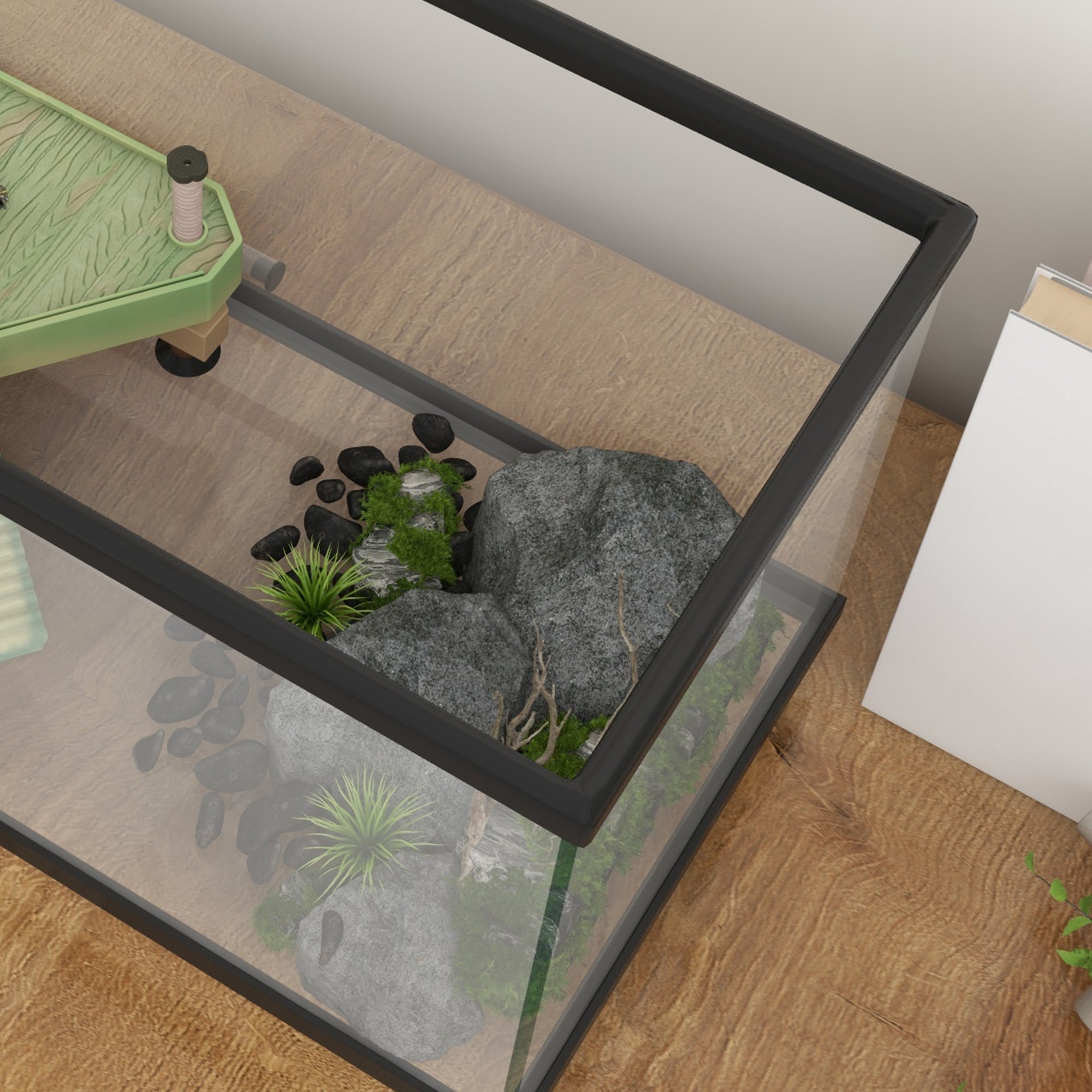 Turtle Tank, 28L Glass Turtle Aquarium with Basking Platform, Ramp, Easy Drainage, Strip Patch Thermometer, for Small Turtles, 45 x 25 x 29cm