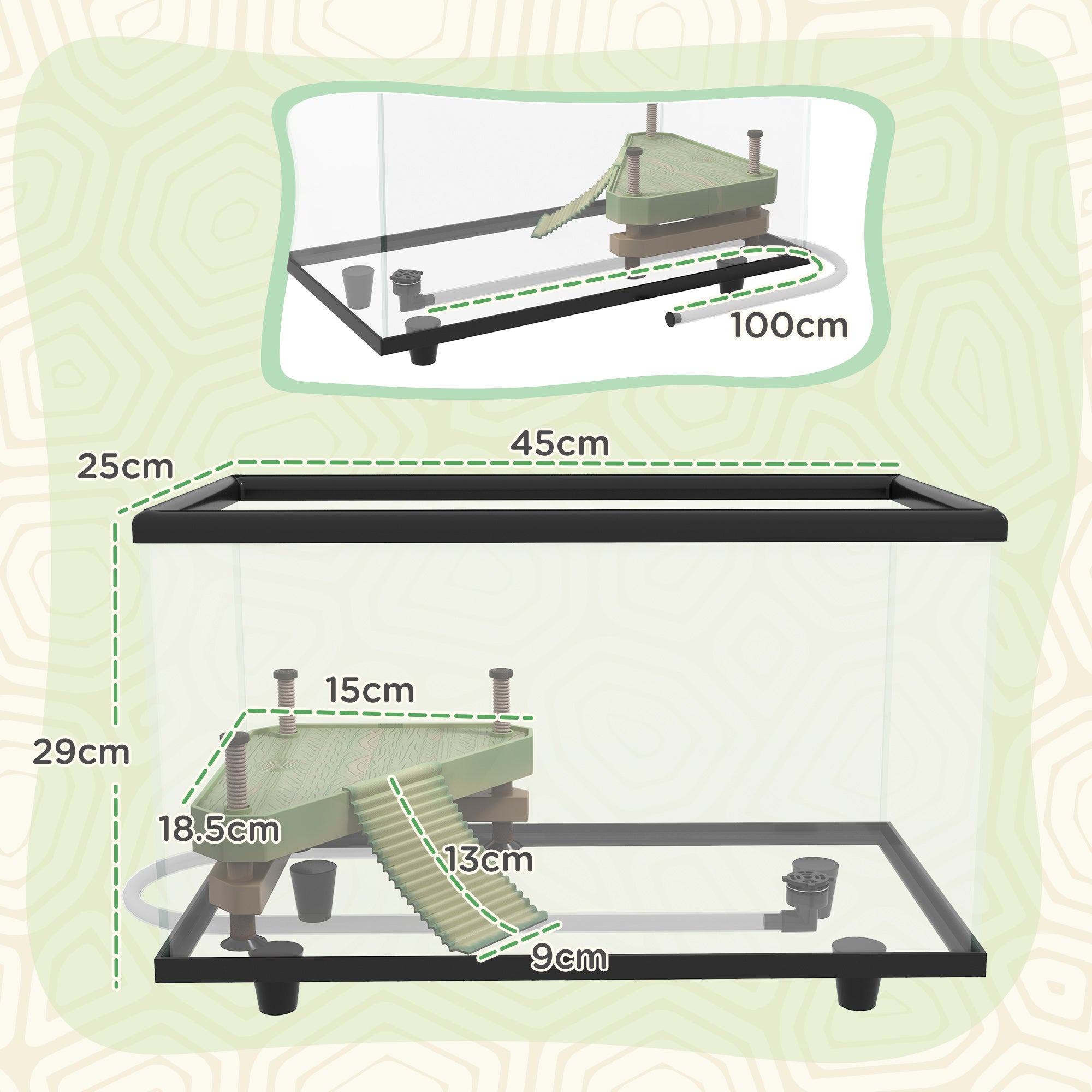 Turtle Tank, 28L Glass Turtle Aquarium with Basking Platform, Ramp, Easy Drainage, Strip Patch Thermometer, for Small Turtles, 45 x 25 x 29cm