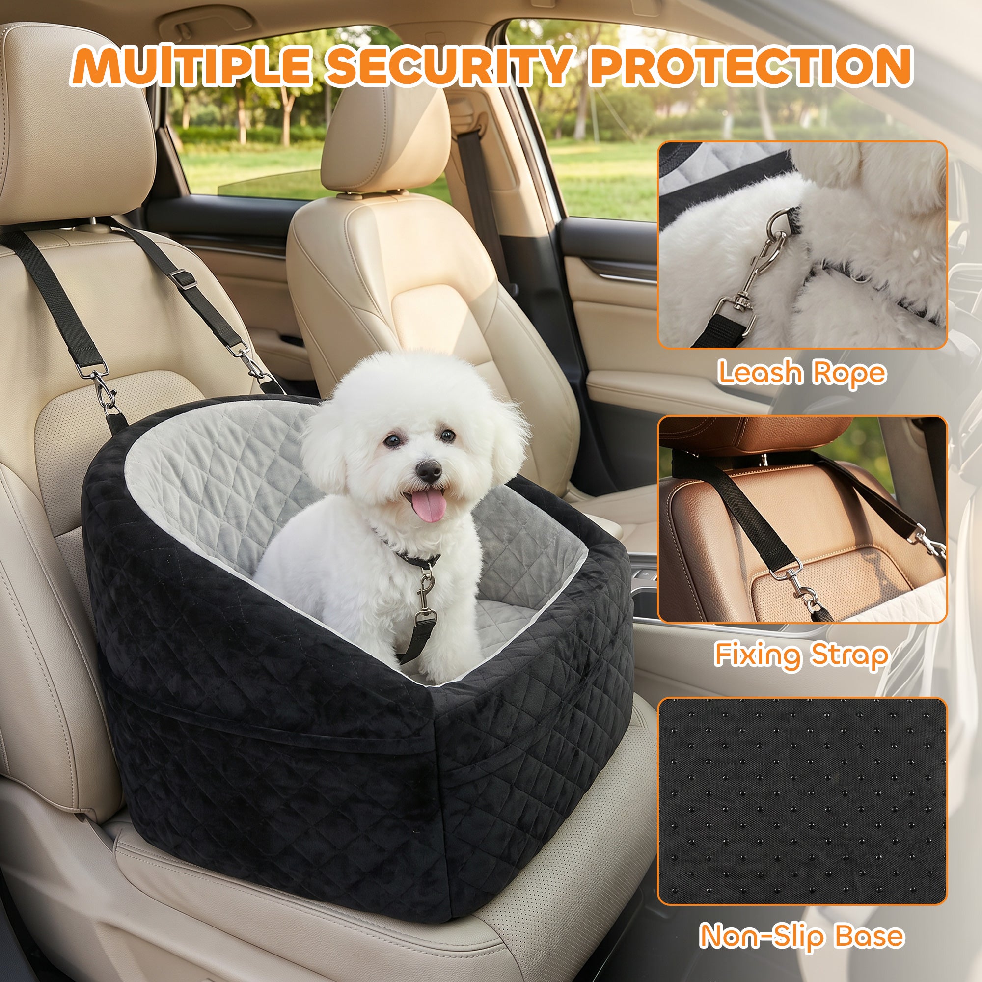 Dog Car Seat, Dog Booster Car Seat for Small Breeds Under 10kg, Portable Pet Travel Bed Detachable Washable with Adjustable Leash, Storage Pockets, Grey