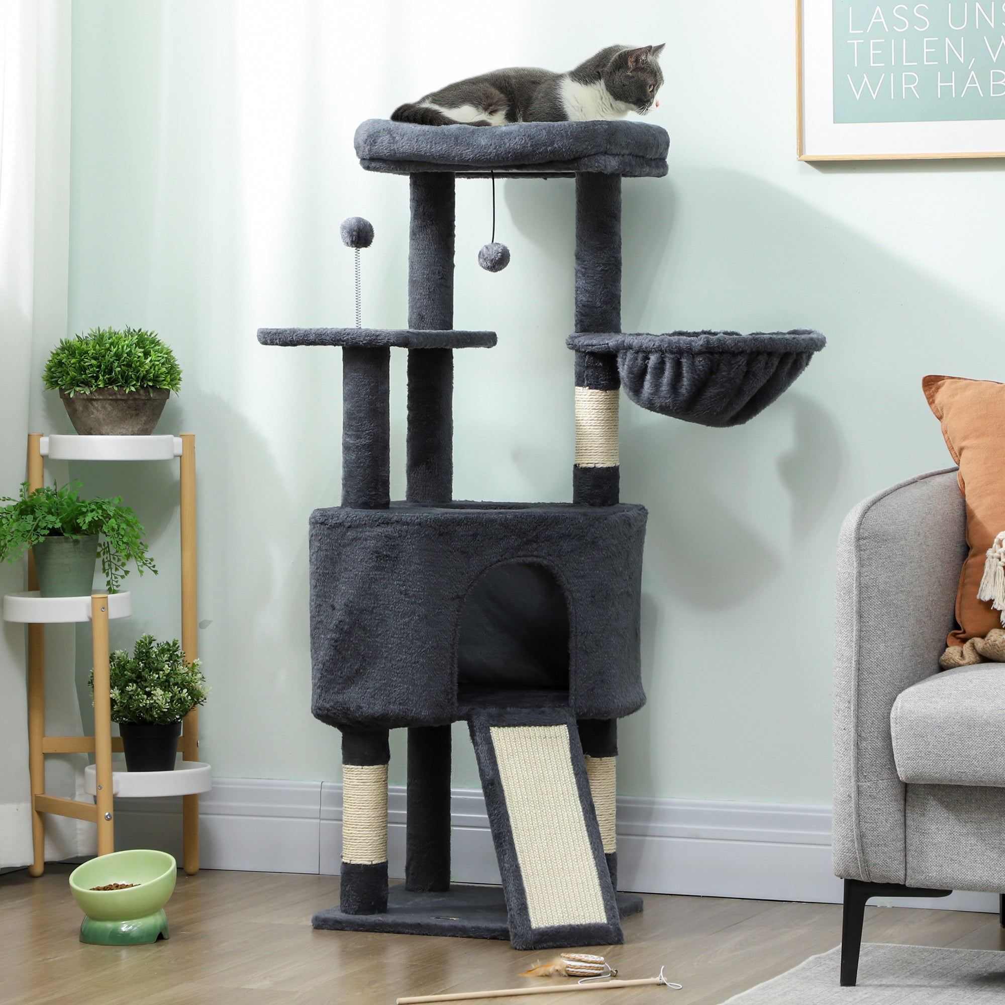Cat Tree, 47 Inch Cat Tower with Large Cozy Condo, Hammock, Bed, Ladder, Toy Balls, Sisal Scratching Posts, for Indoor Kittens, Dark Grey