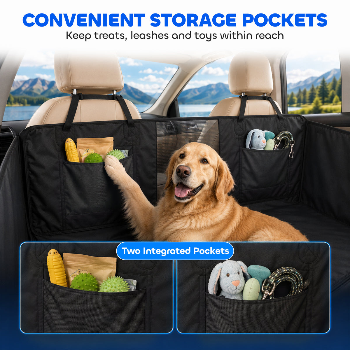 Dog Car Seat Cover for Back Seat, Hard Bottom Back Seat Extender, Waterproof Dog Hammock for Car & SUV with Non-Slip & Scratch-Resistant Surface, Mesh Window and Pockets, 58"L, Black