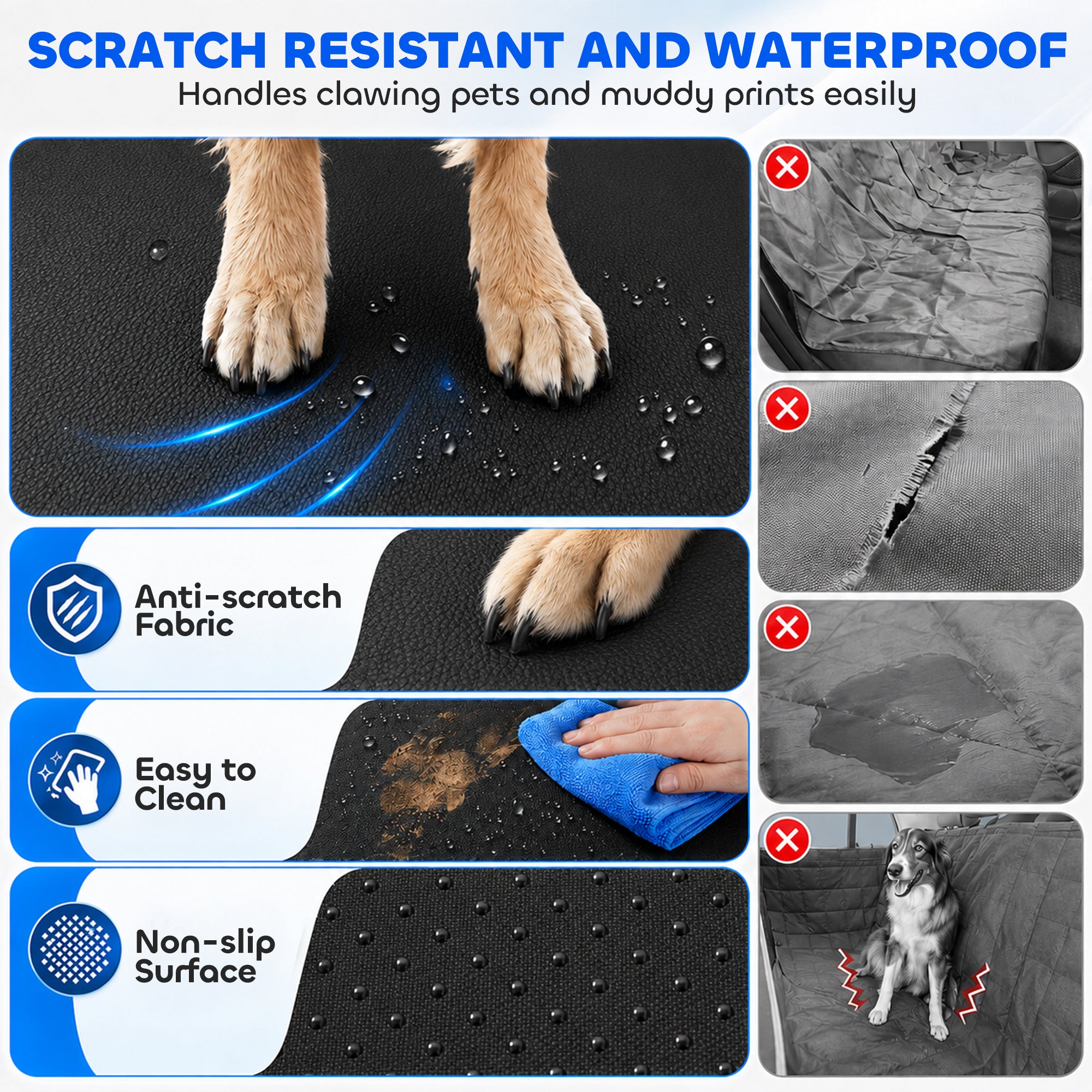 Dog Car Seat Cover for Back Seat, Hard Bottom Back Seat Extender, Waterproof Dog Hammock for Car & SUV with Non-Slip & Scratch-Resistant Surface, Mesh Window and Pockets, 58"L, Black