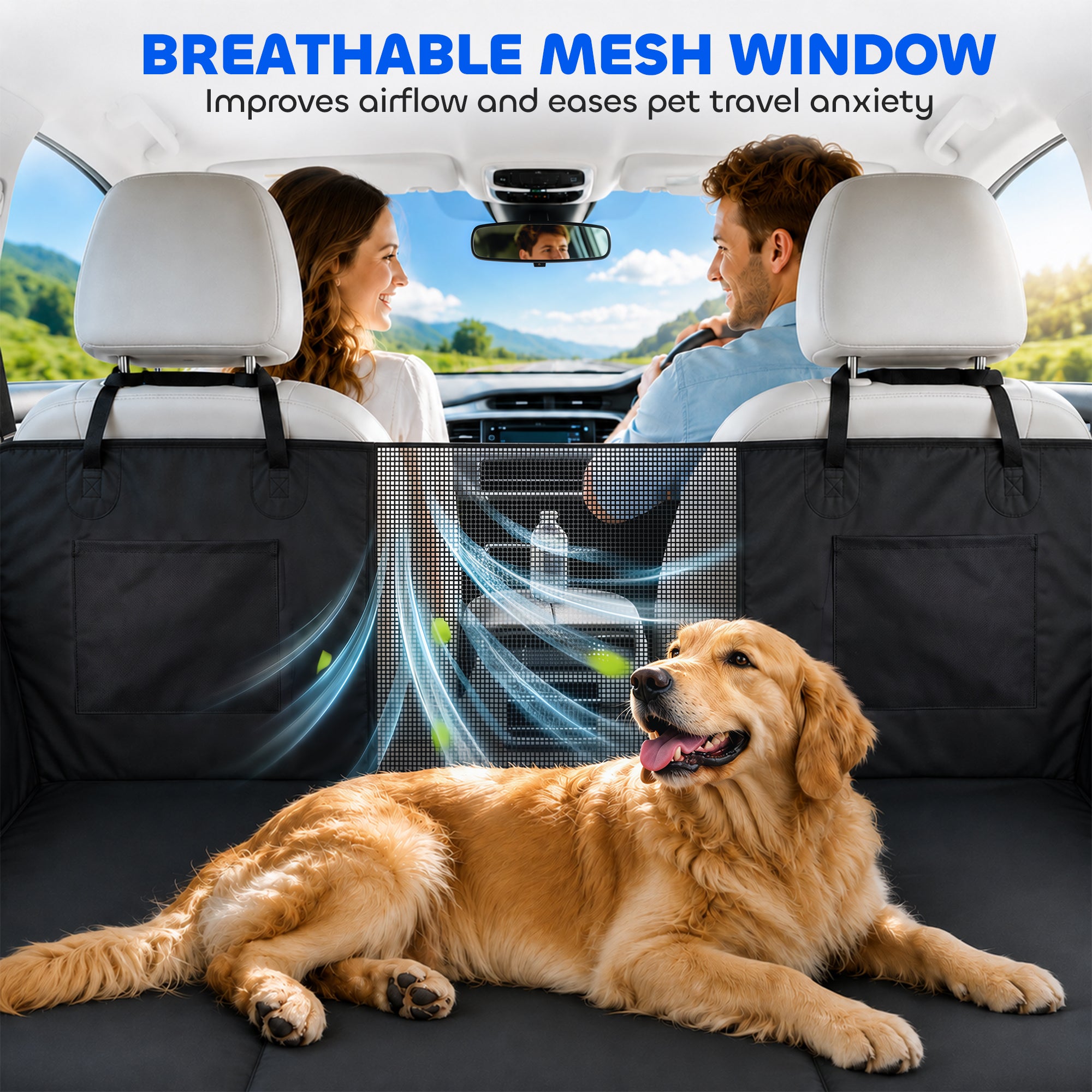 Dog Car Seat Cover for Back Seat, Hard Bottom Back Seat Extender, Waterproof Dog Hammock for Car & SUV with Non-Slip & Scratch-Resistant Surface, Mesh Window and Pockets, 58"L, Black