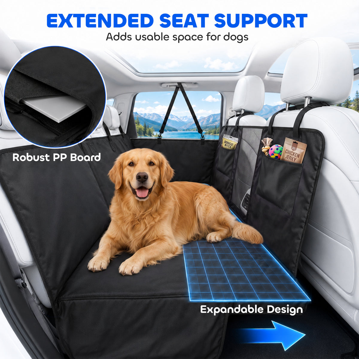 Dog Car Seat Cover for Back Seat, Hard Bottom Back Seat Extender, Waterproof Dog Hammock for Car & SUV with Non-Slip & Scratch-Resistant Surface, Mesh Window and Pockets, 58"L, Black