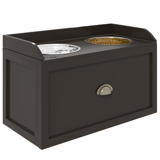 Elevated Dog Bowls for Large Dogs, Raised Pet Feeding Station with 2 Stainless Steel Bowls, Hidden Storage Drawer, Wood Stand for Cats, Coffee