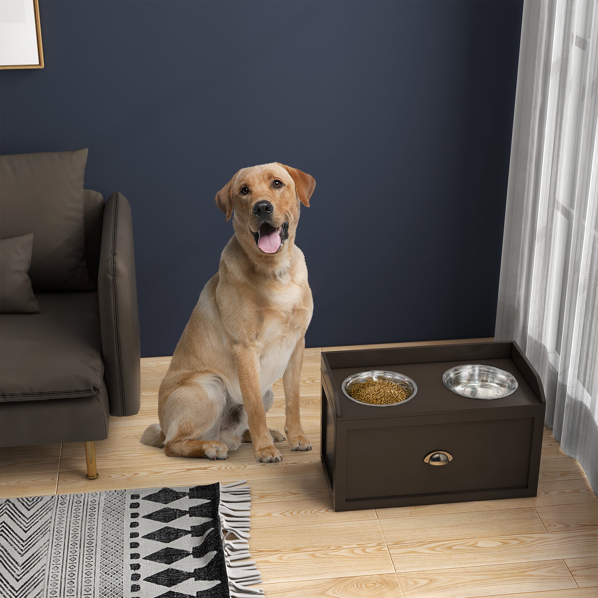 Elevated Dog Bowls for Large Dogs, Raised Pet Feeding Station with 2 Stainless Steel Bowls, Hidden Storage Drawer, Wood Stand for Cats, Coffee