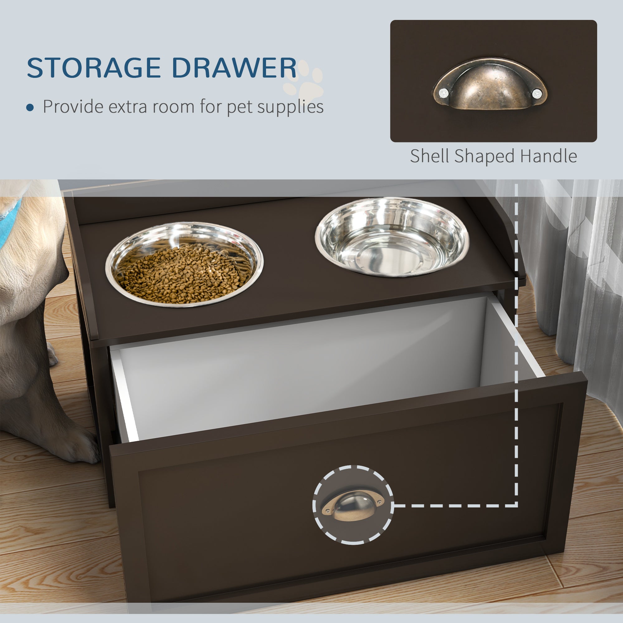 Elevated Dog Bowls for Large Dogs, Raised Pet Feeding Station with 2 Stainless Steel Bowls, Hidden Storage Drawer, Wood Stand for Cats, Coffee