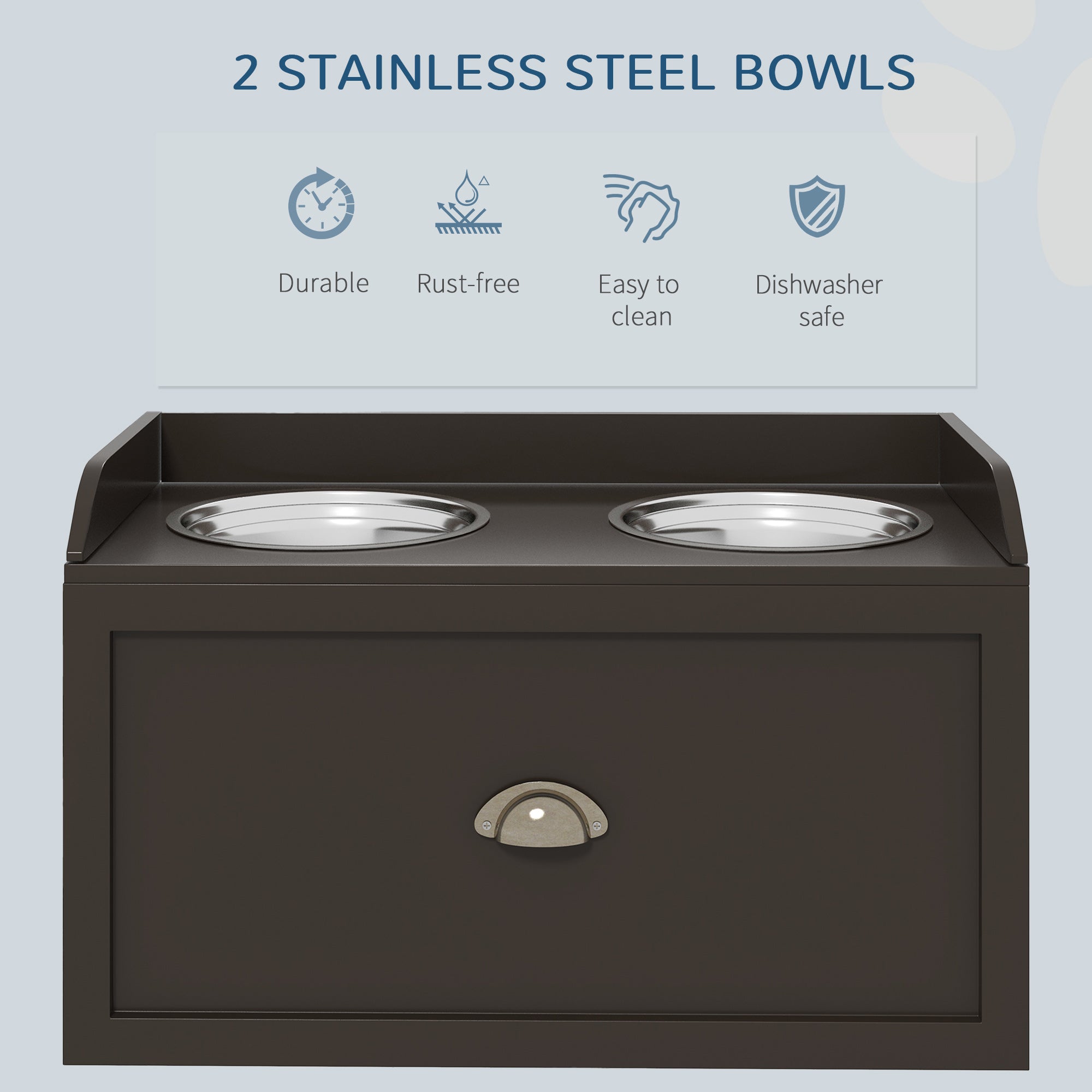Elevated Dog Bowls for Large Dogs, Raised Pet Feeding Station with 2 Stainless Steel Bowls, Hidden Storage Drawer, Wood Stand for Cats, Coffee
