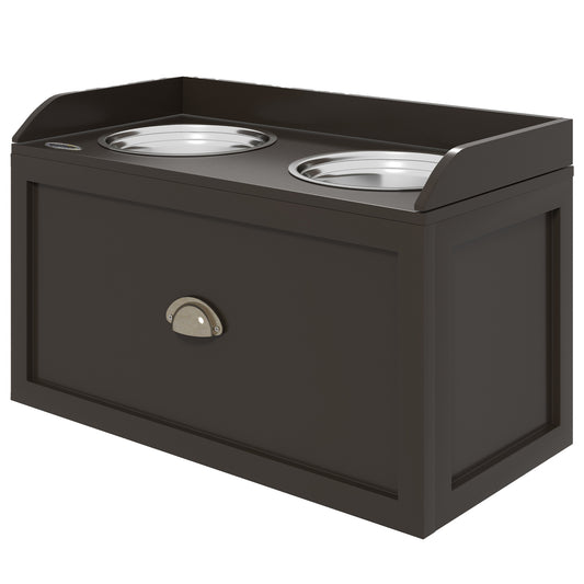 Elevated Dog Bowls for Large Dogs, Raised Pet Feeding Station with 2 Stainless Steel Bowls, Hidden Storage Drawer, Wood Stand for Cats, Coffee