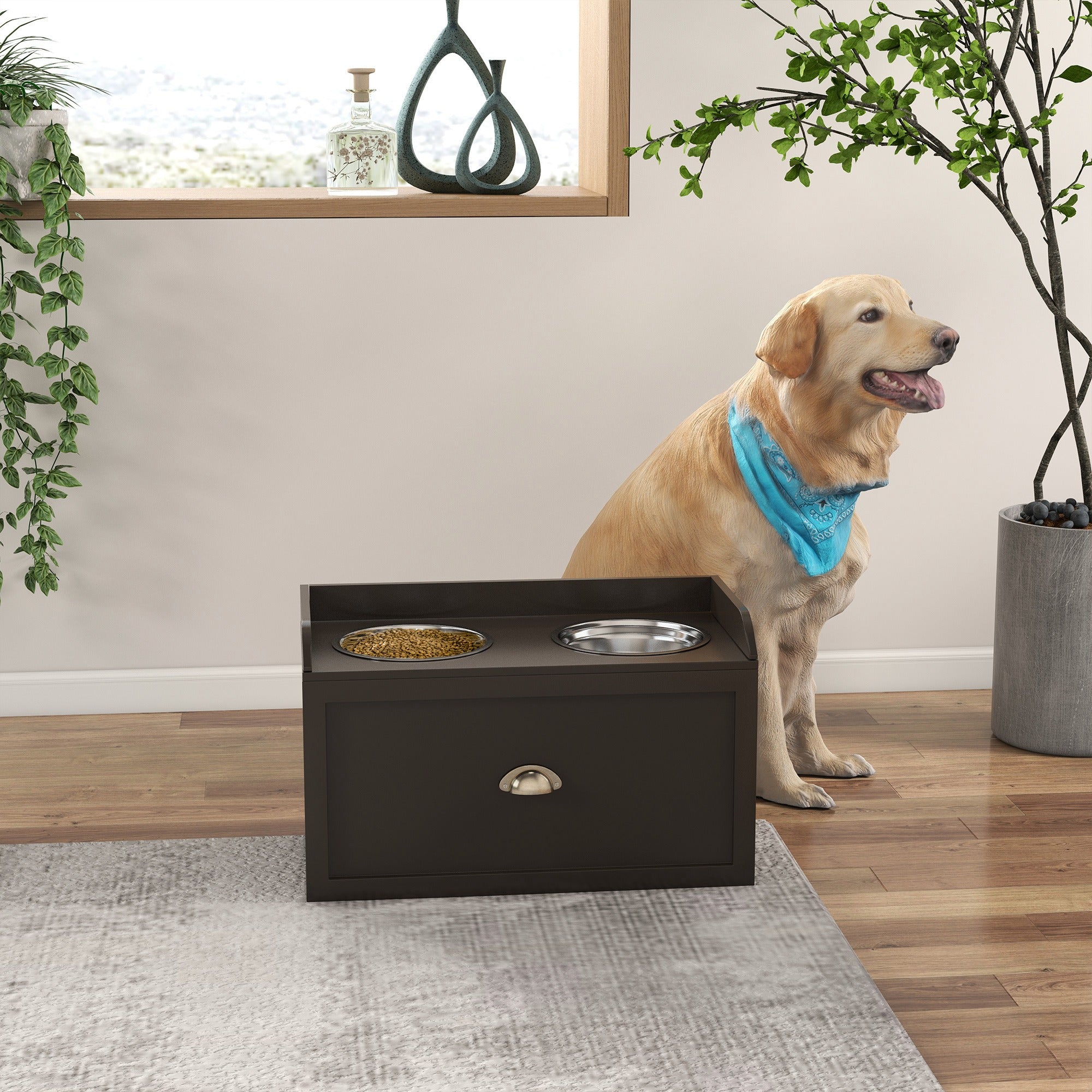 Elevated Dog Bowls for Large Dogs, Raised Pet Feeding Station with 2 Stainless Steel Bowls, Hidden Storage Drawer, Wood Stand for Cats, Coffee