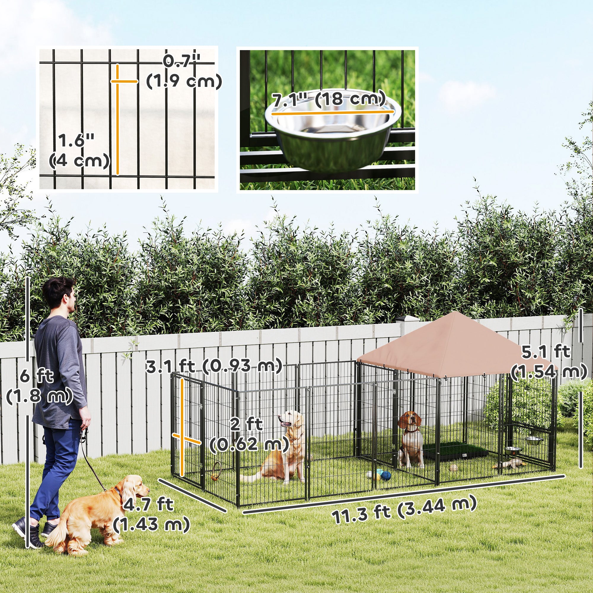 Outdoor Dog Kennel, Dog Run Outdoor with Rotating and Adjustable Height Bowls, Waterproof UV-Resistant Cover, Secure Lock, 11.3' x 4.7' x 5.1'