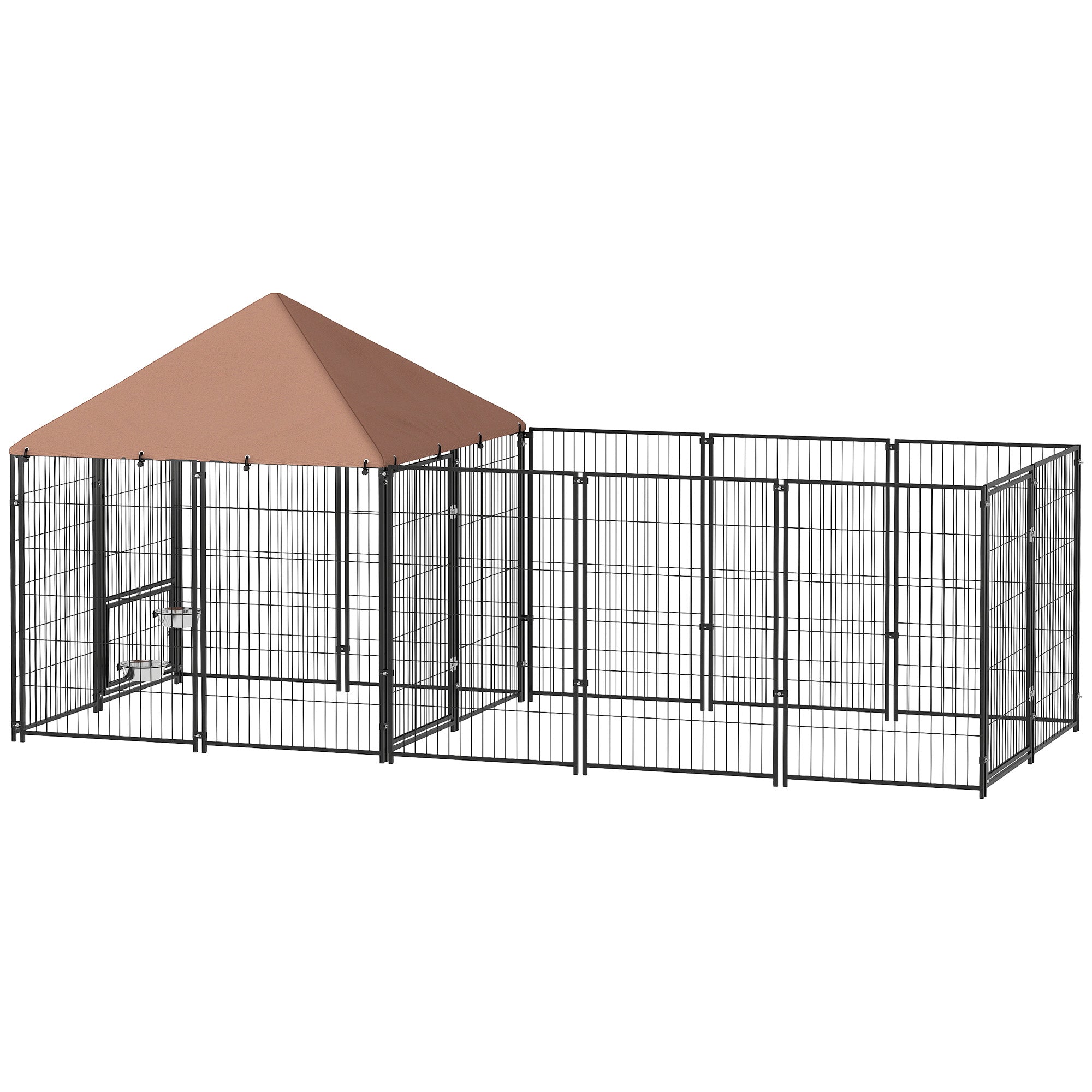 Outdoor Dog Kennel, Dog Run Outdoor with Rotating and Adjustable Height Bowls, Waterproof UV-Resistant Cover, Secure Lock, 11.3' x 4.7' x 5.1'