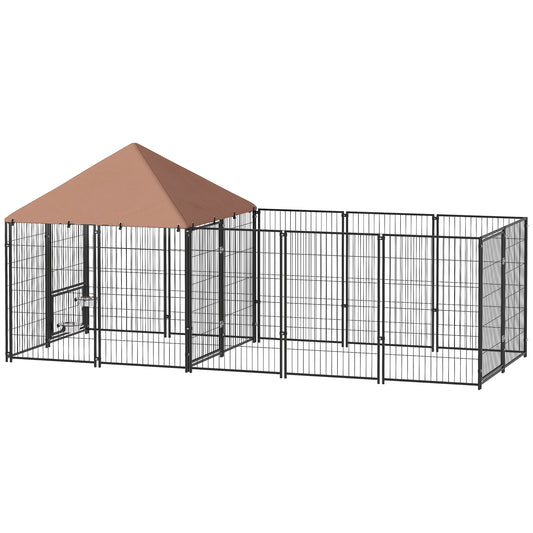 Outdoor Dog Kennel, Dog Run Outdoor with Rotating and Adjustable Height Bowls, Waterproof UV-Resistant Cover, Secure Lock, 11.3' x 4.7' x 5.1'