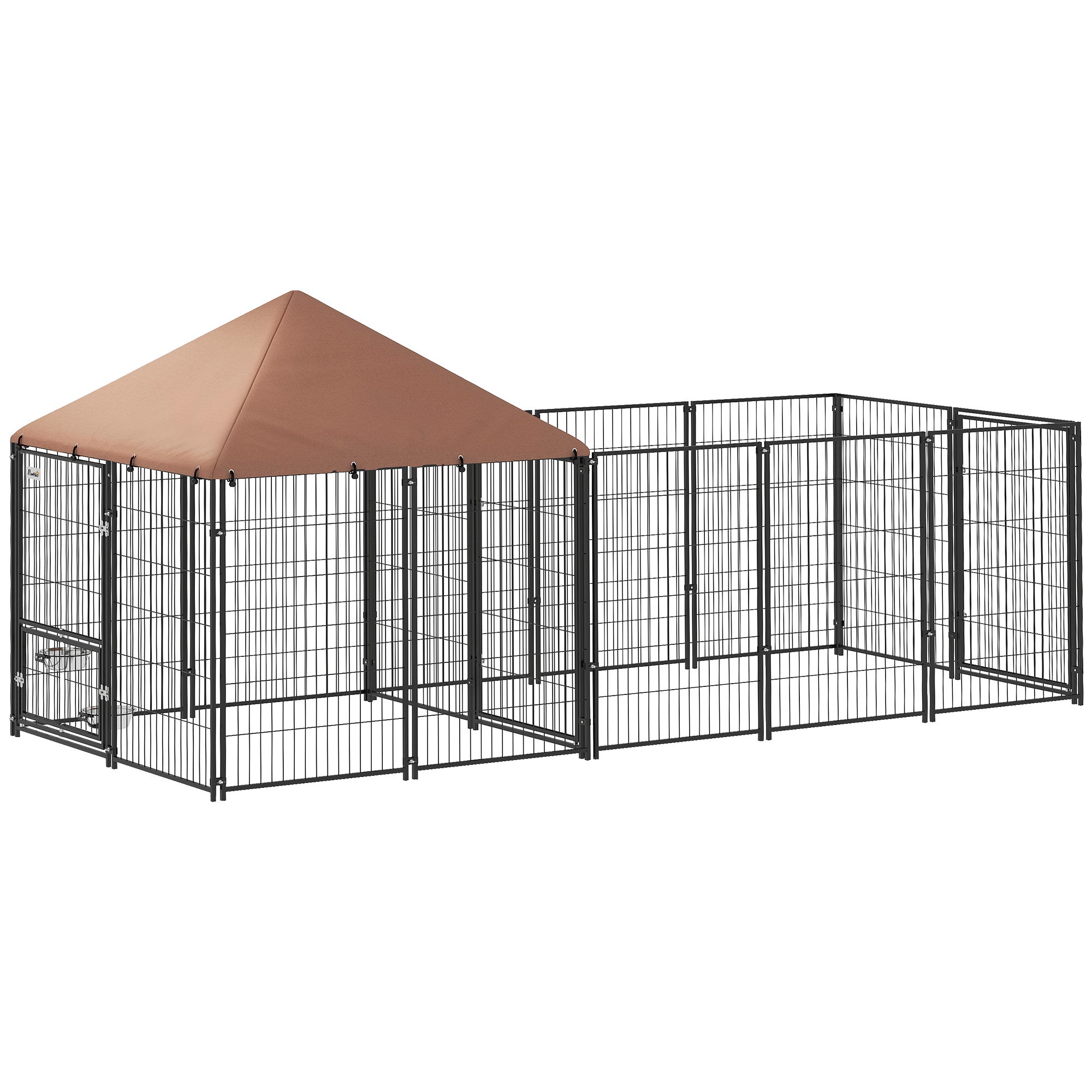 Outdoor Dog Kennel, Dog Run Outdoor with Rotating and Adjustable Height Bowls, Waterproof UV-Resistant Cover, Secure Lock, 11.3' x 4.7' x 5.1'